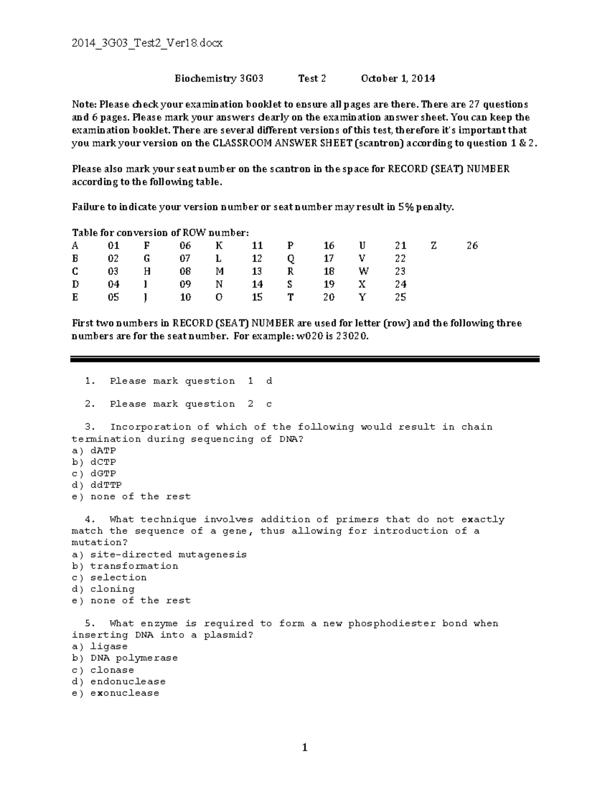 2014 3G03 Test 2 Ver18 - Test 2 - Biochemistry 3G03 Test 2 October 1 ...