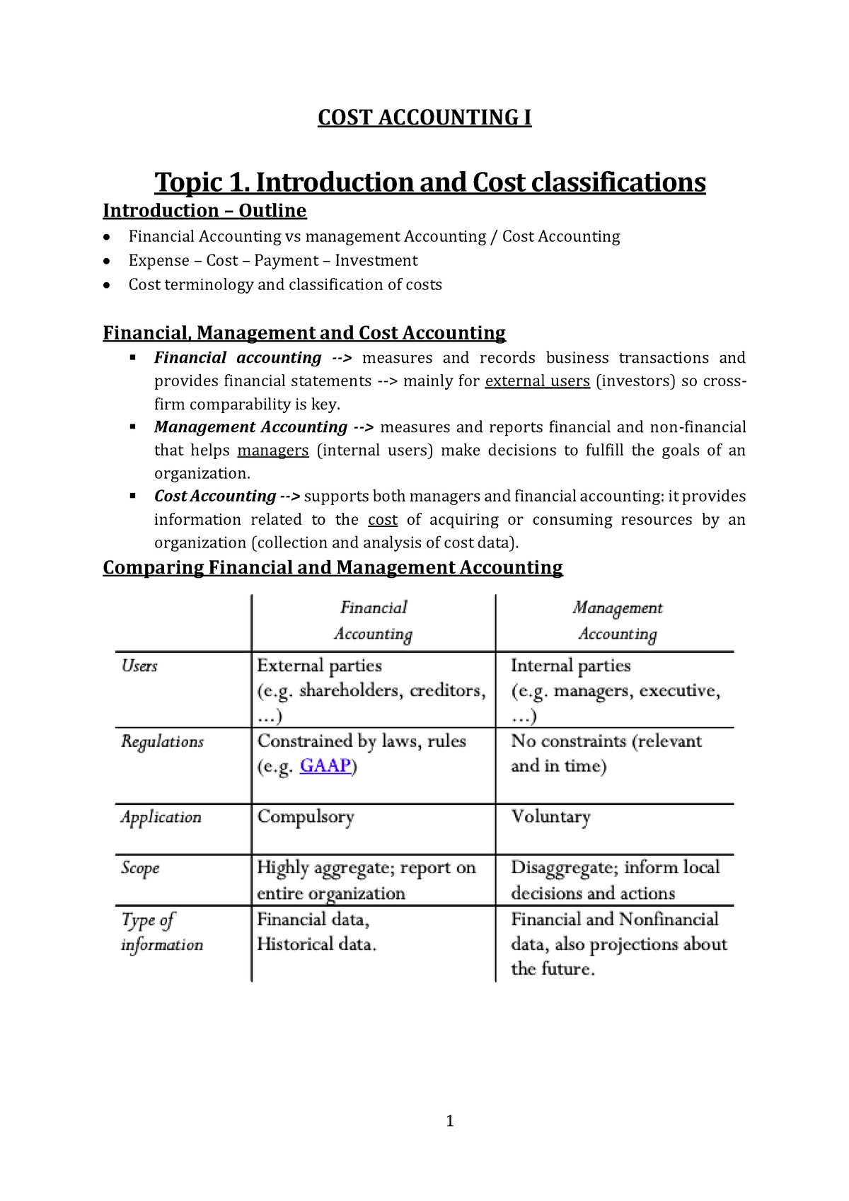 COST Accounting I notes whole course COST ACCOUNTING I Topic 1