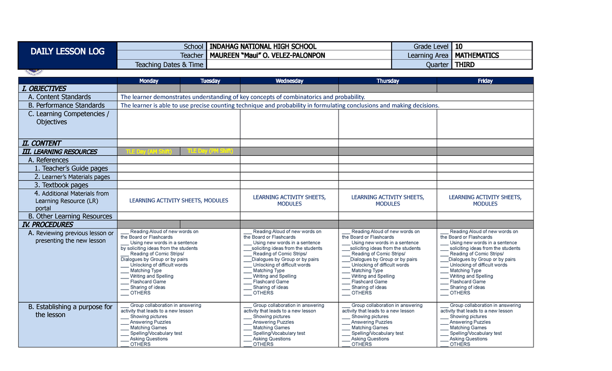 DLL 3rd Q - SAMPLE ONLY - Monday Tuesday Wednesday Thursday Friday I ...