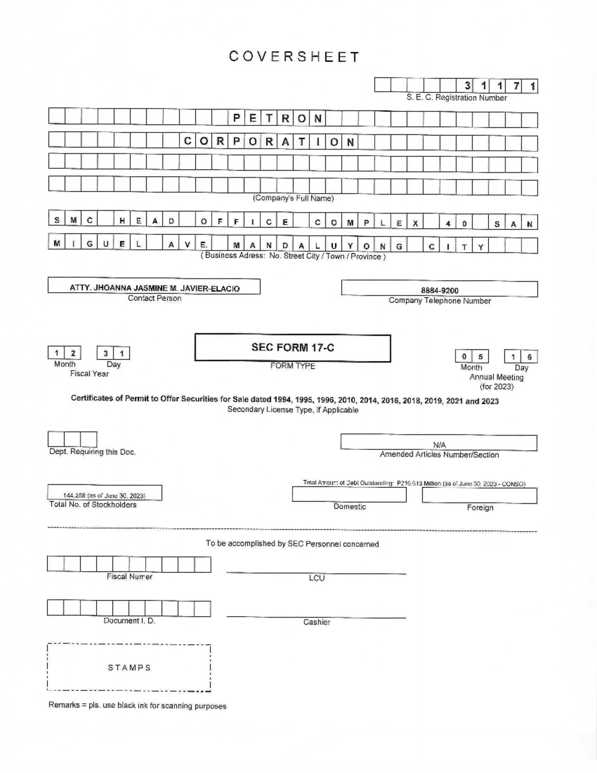 Petron Corporation (SEC Registration No. 31171) SEC Form 17-C ...