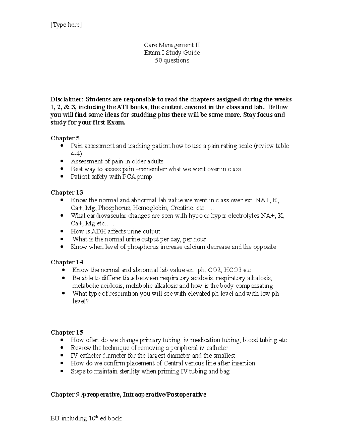 Exam I Study Guide for CM II 10th edition - [Type here] Care Management ...