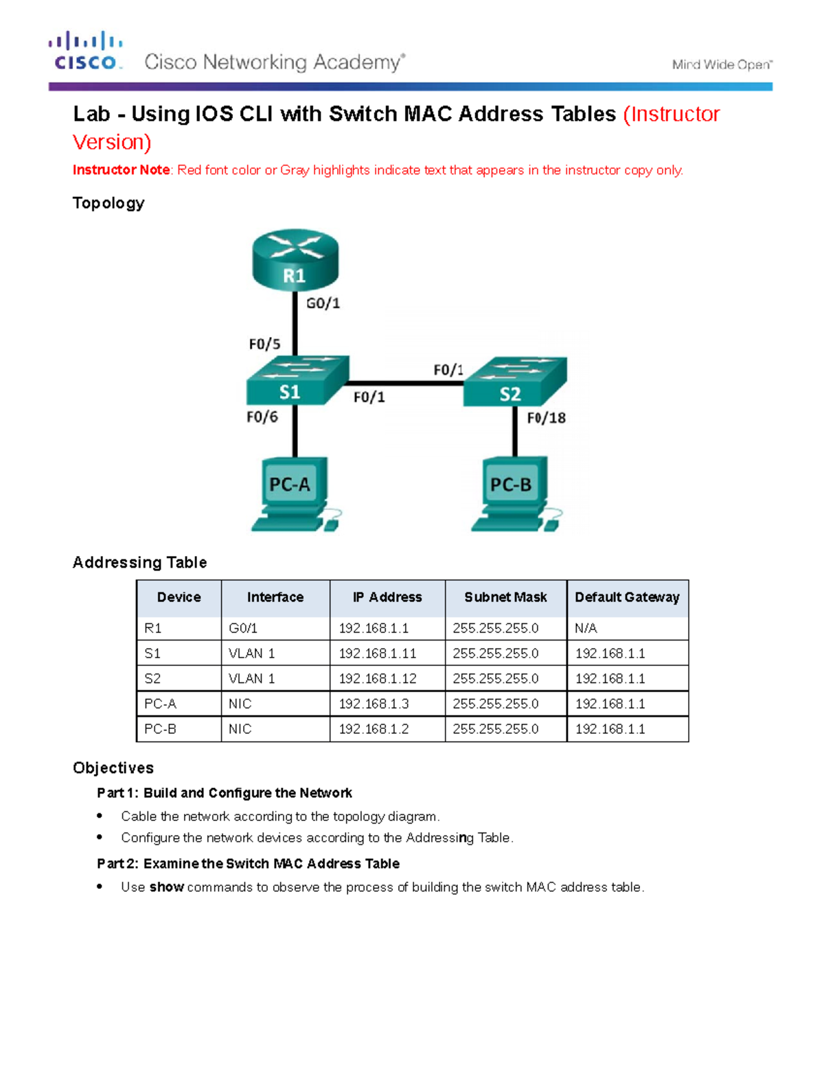 Using IOS CLI with Switch MAC Address Tables Topology Addressing