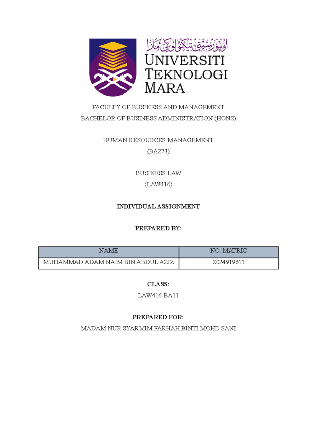 LAW416 Individual TEST Correction - FACULTY OF BUSINESS AND MANAGEMENT ...