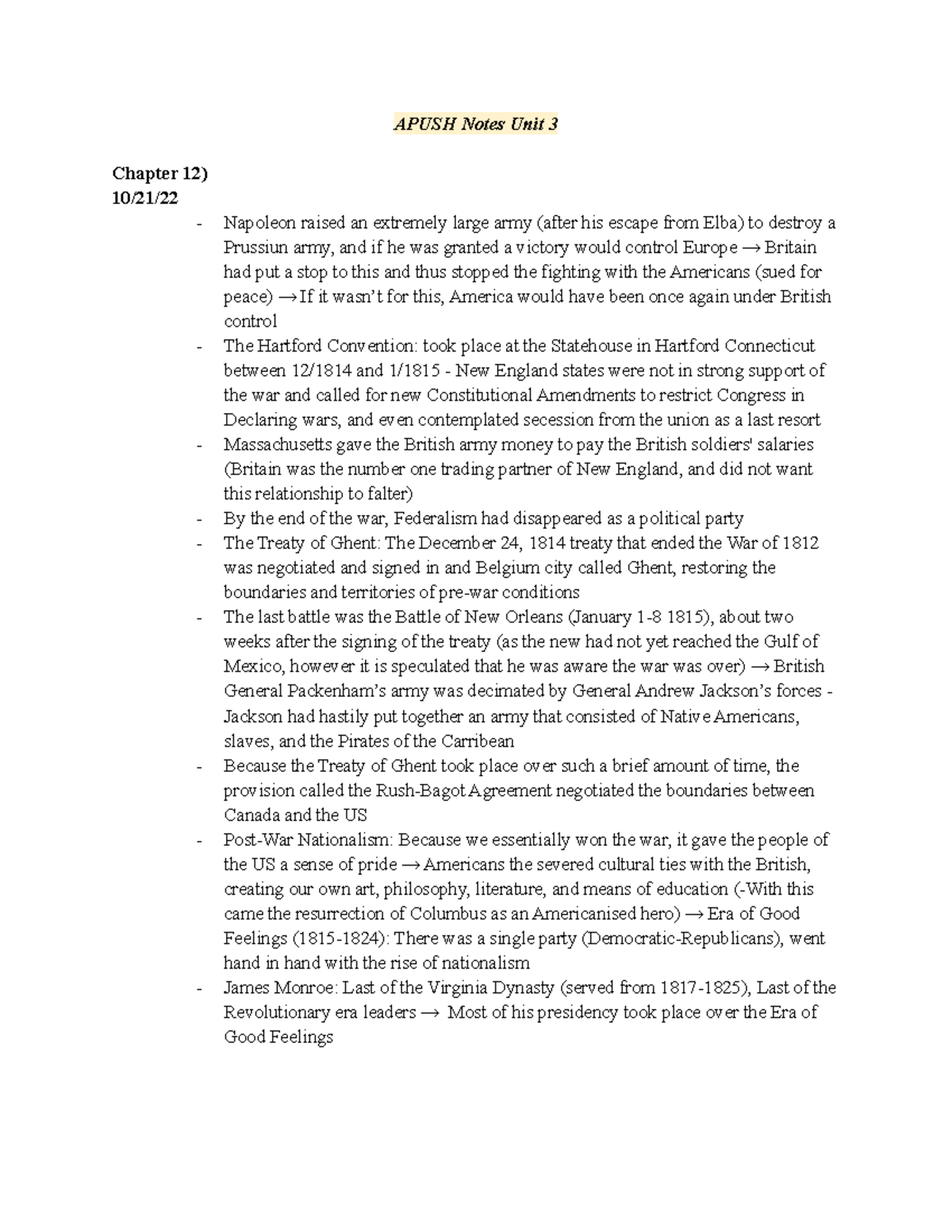 Apush Notes Unit 3 APUSH Notes Unit 3 Chapter 12) 10/21/ Napoleon