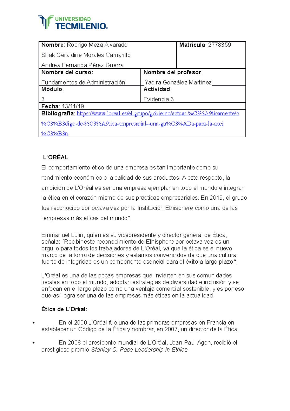 Evidencia 3 fundamentos de administracion - Nombre : Rodrigo Meza ...