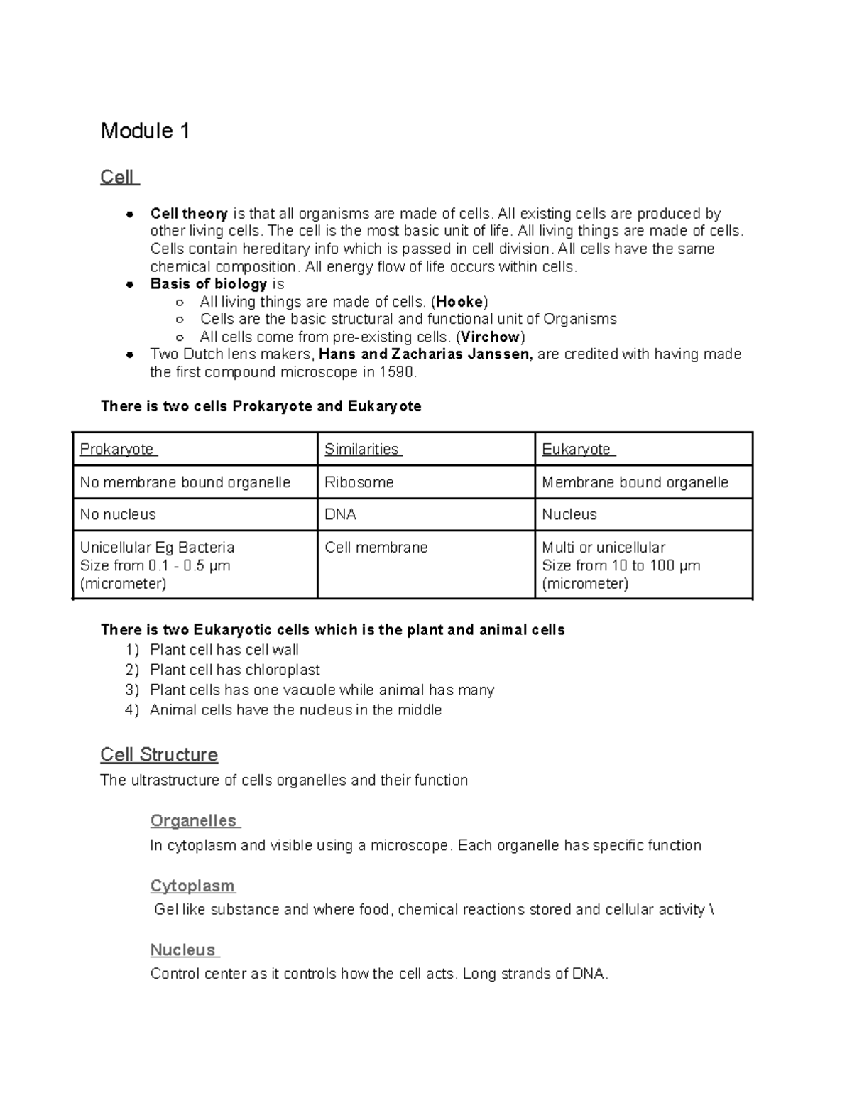 BIO Half Yearly Exam Notes on Cell Structure and Function - Module 1 ...
