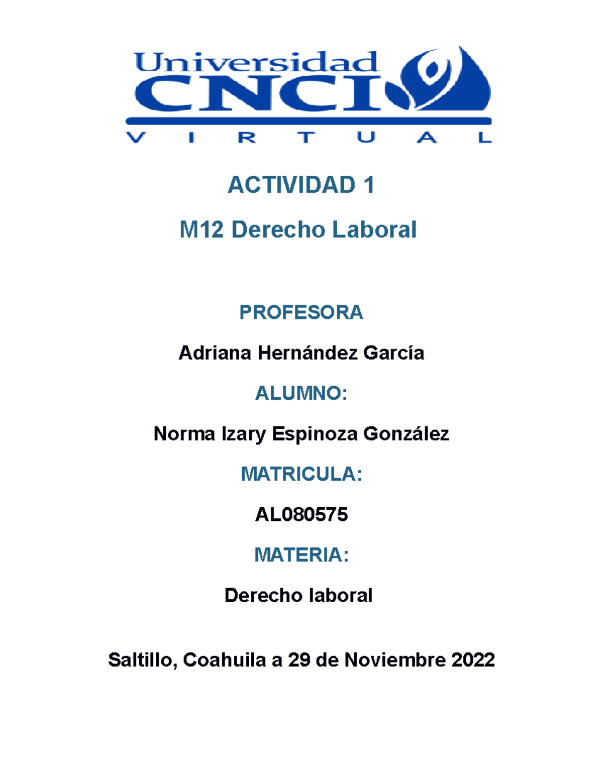 Derecho Laboral Actividad 1 - ACTIVIDAD 1 M12 Derecho Laboral PROFESORA ...