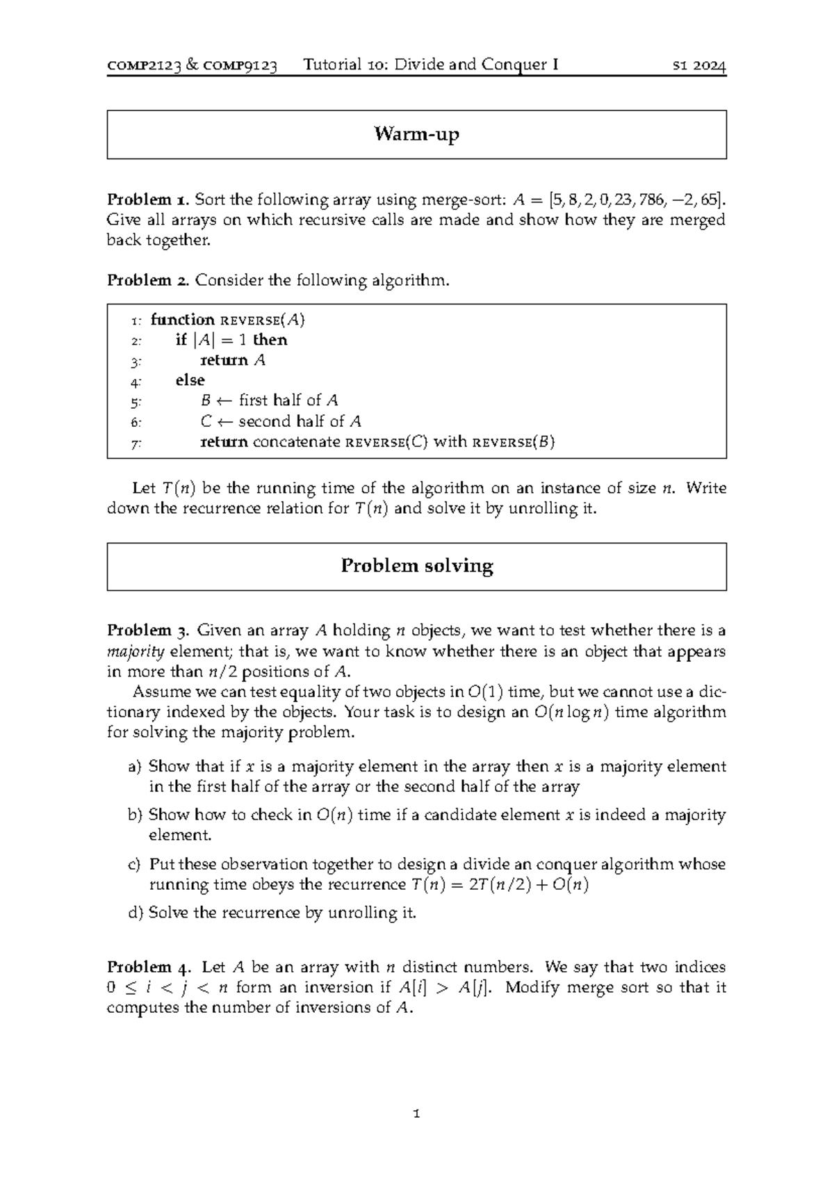 Week 10 - Divide and conquer Tutorial worksheet - comp2123 & comp9123 ...