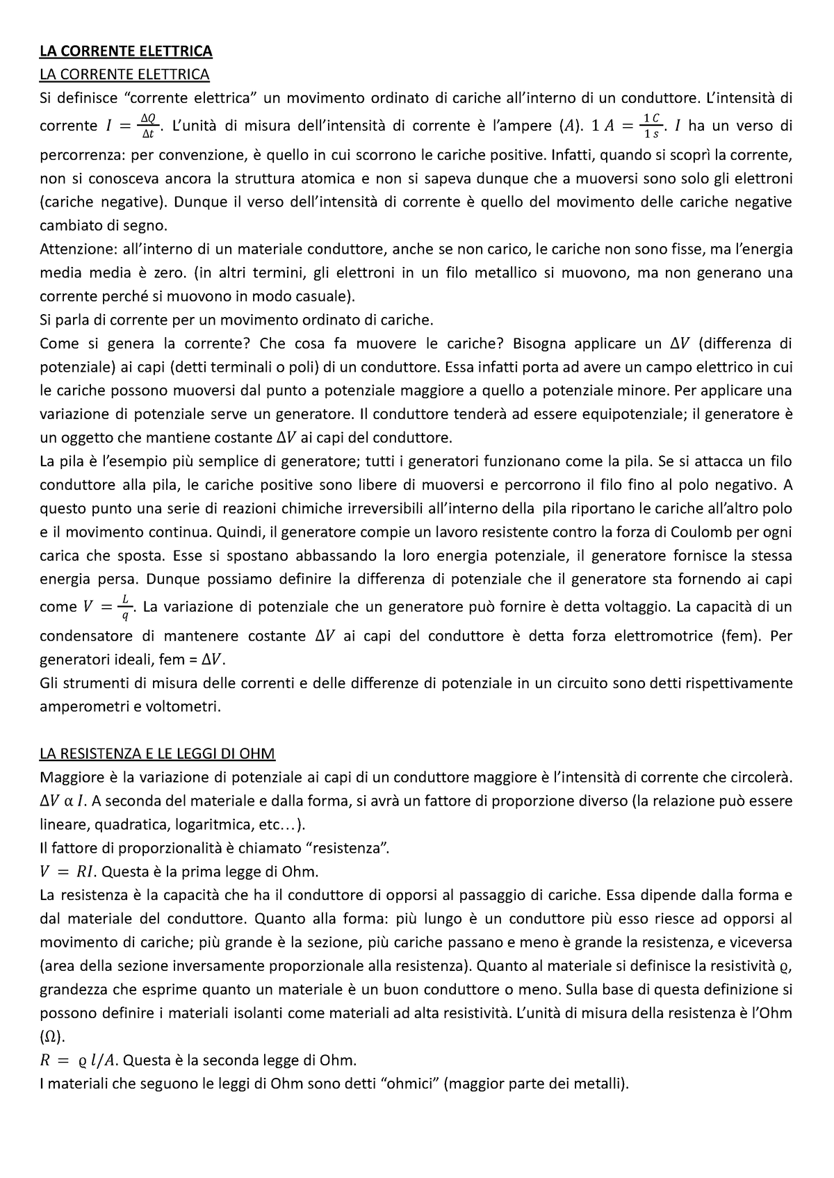 Fisica Cap 3 Appunti Sulla Corrente Elettrica La Resistenza Le