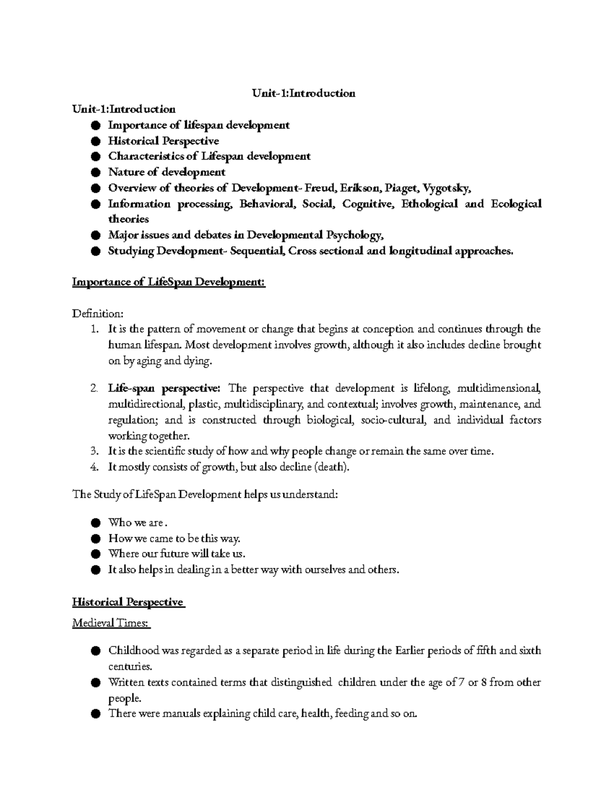 Unit 1 - Introduction - Importance of lifespan development Historical ...