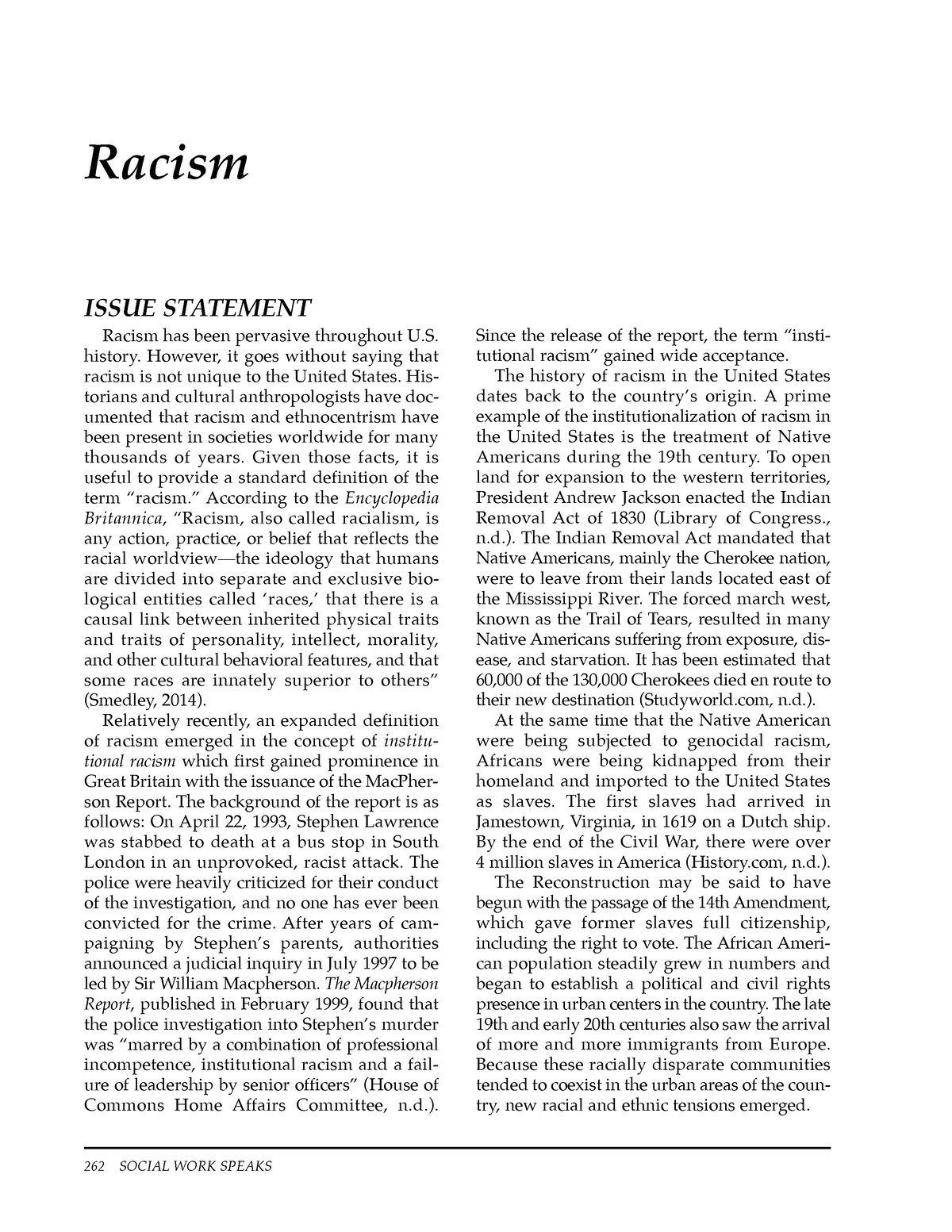 Racism - 262 SOCIAL WORK SPEAKS Racism ISSUE STATEMENT Racism Has Been ...