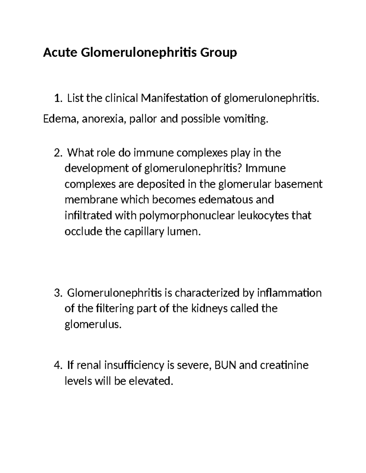 Acute Glomerulonephritis Group - List the clinical Manifestation of ...