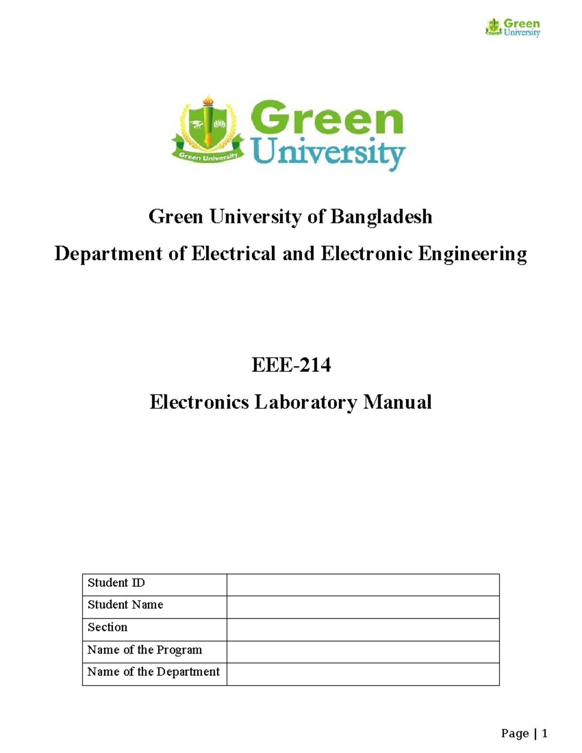 EEE214 Electronics Lab Manual Green University of Bangladesh