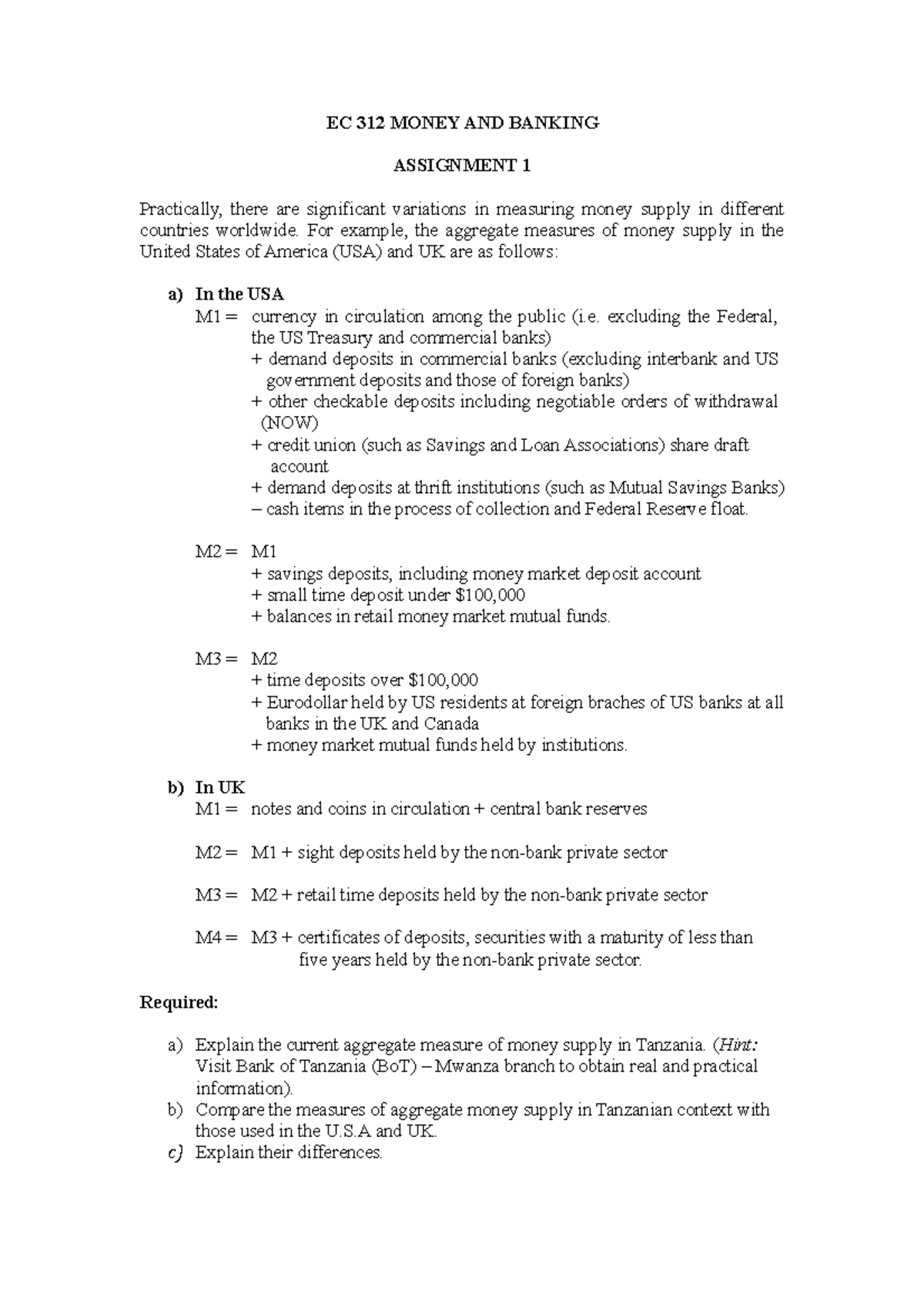 EC 312 Money AND Banking Assignment 1 EC 312 MONEY AND BANKING