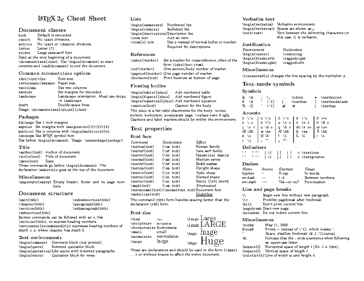 Latex cheatsheet Latex Sheet LATEX 2 Cheat Sheet Document Classes Latex cheatsheet Latex Sheet LATEX 2 Cheat Sheet Document Classes