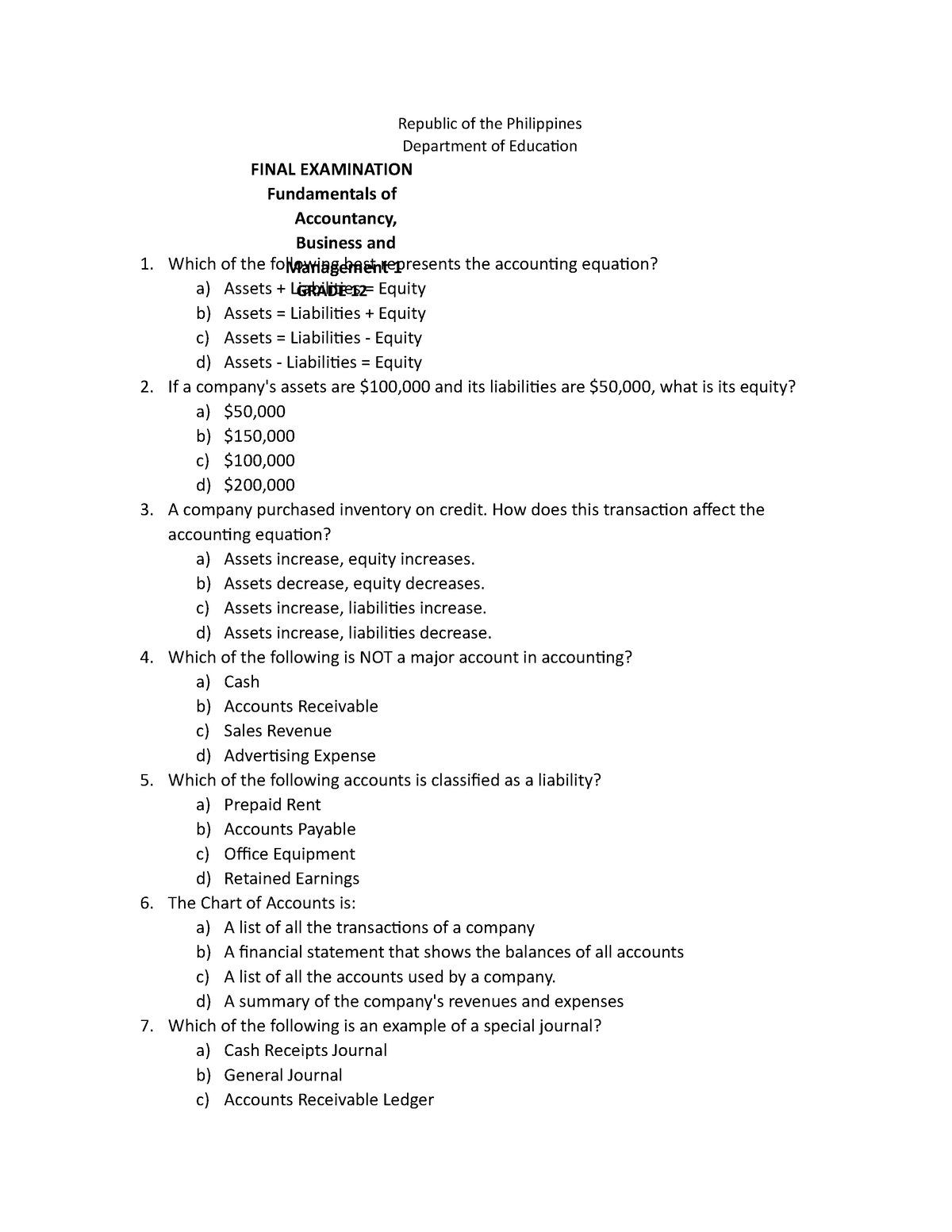 Final EXAM-FABM 1 - TEST - Republic of the Philippines Department of ...