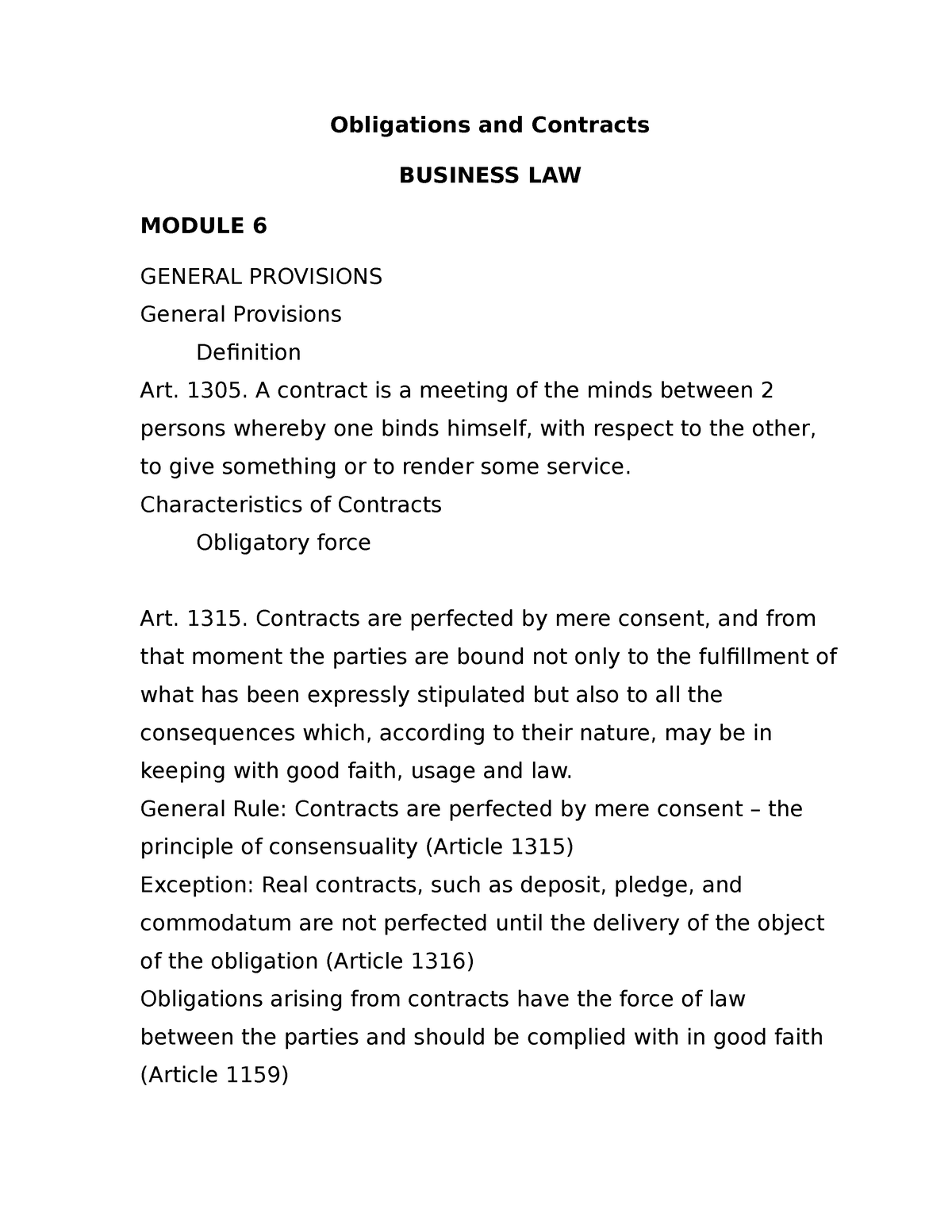 Oblicon Obligations And Contracts Business Law Detailed Summary Module Obligations And
