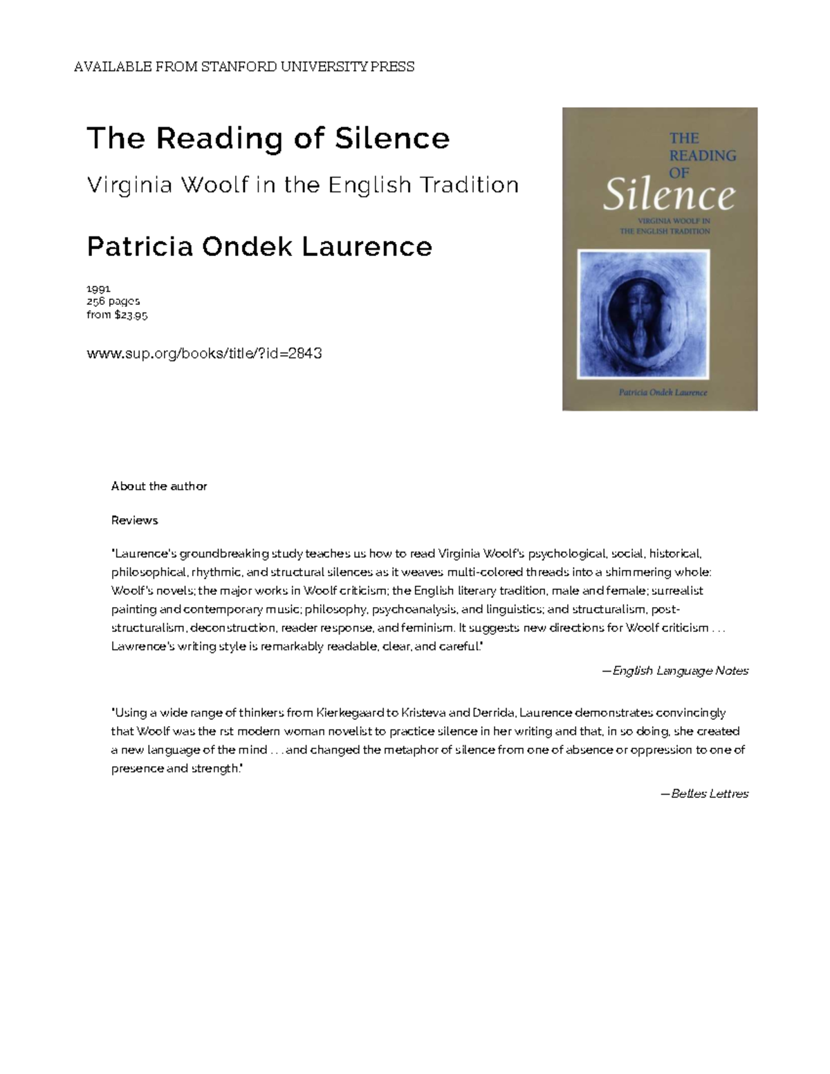 Book The Reading of Silence Virginia Wo - AVAILABLE FROM STANFORD ...