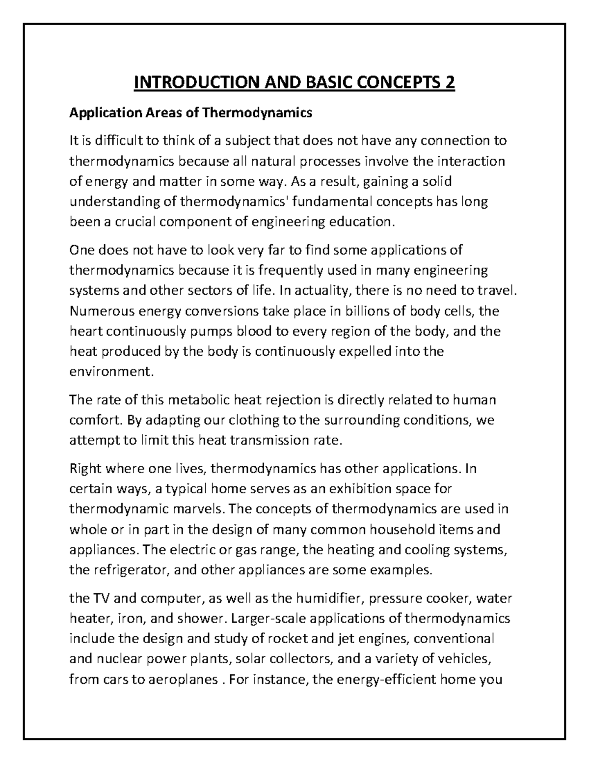 Thermodynamics 2 - INTRODUCTION AND BASIC CONCEPTS 2 Application Areas ...