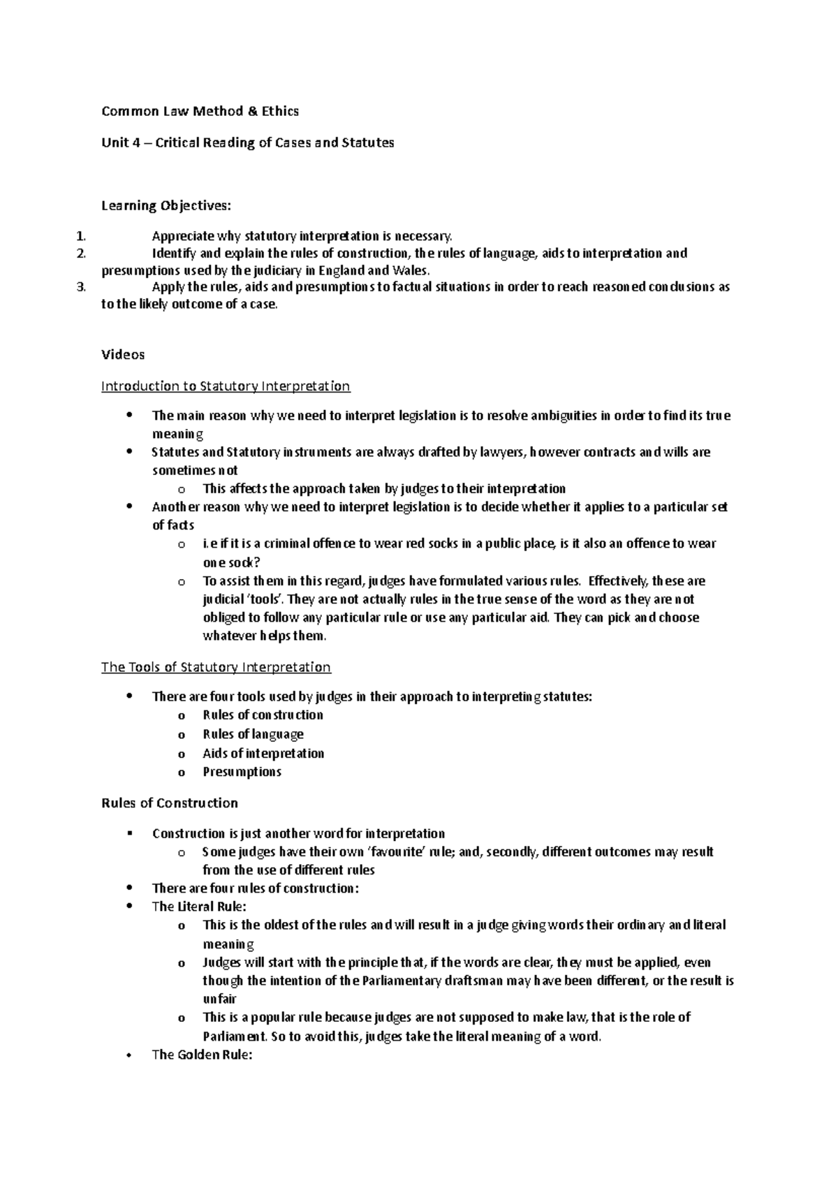 Notes - Common Law Method & Ethics Unit 4 – Critical Reading of Cases ...