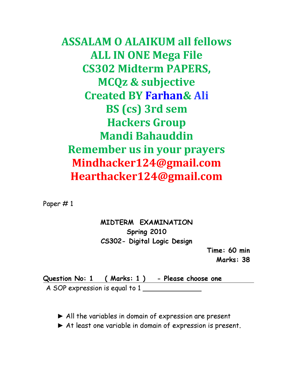 CS302 Mega File Solved Final Term - ASSALAM O ALAIKUM All Fellows ALL ...