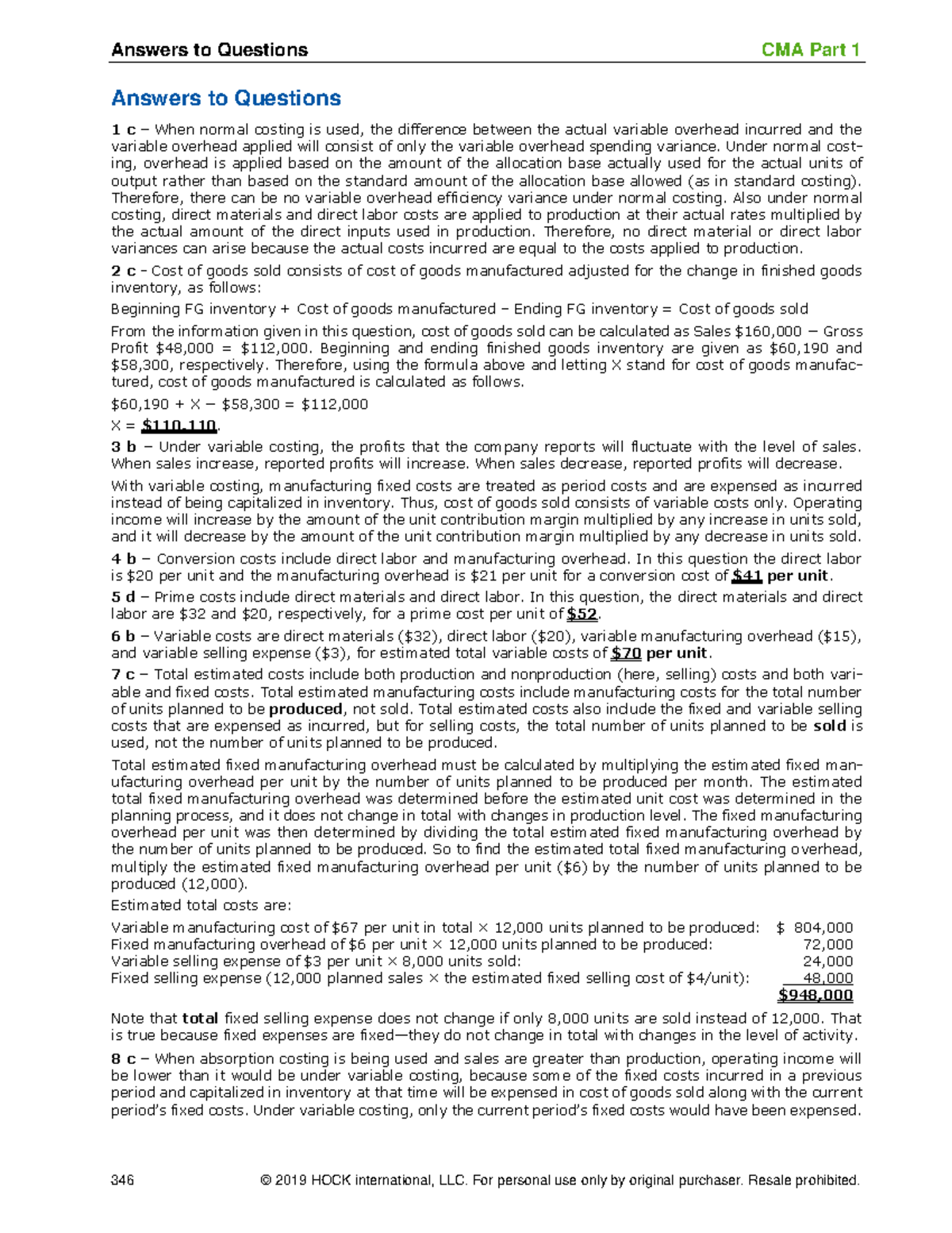 Cma P1 Text V2 2020 Answers Answers To Questions Cma Part 1 Answers