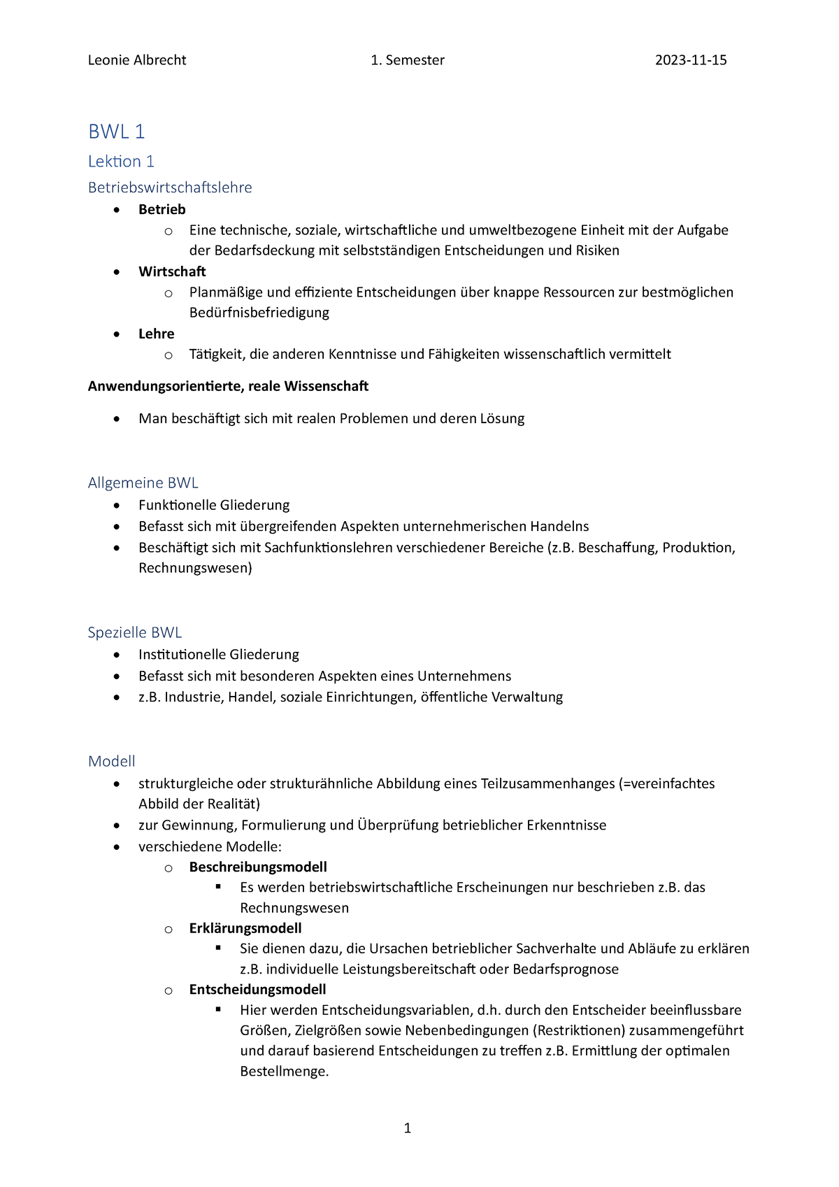 Zusammenfassung BWL 1 - BWL 1 Lektion 1 Betriebswirtschaftslehre ...