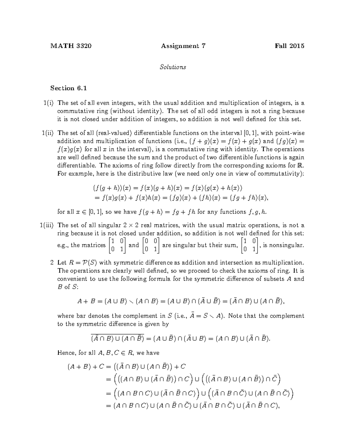 Kotchetov M3320 F15 Assignment#7 Sols - MATH 3320 Assignment 7 Fall ...
