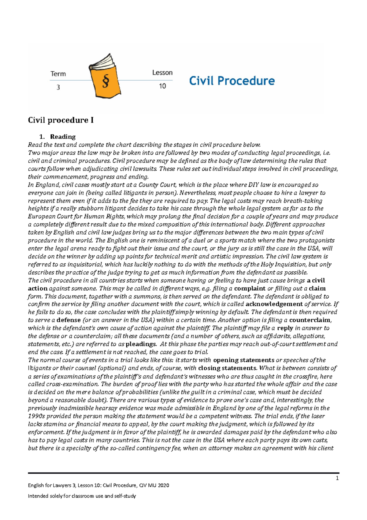 Lesson 10 Civil Procedure - Civil procedure I 1. Reading Read the text ...
