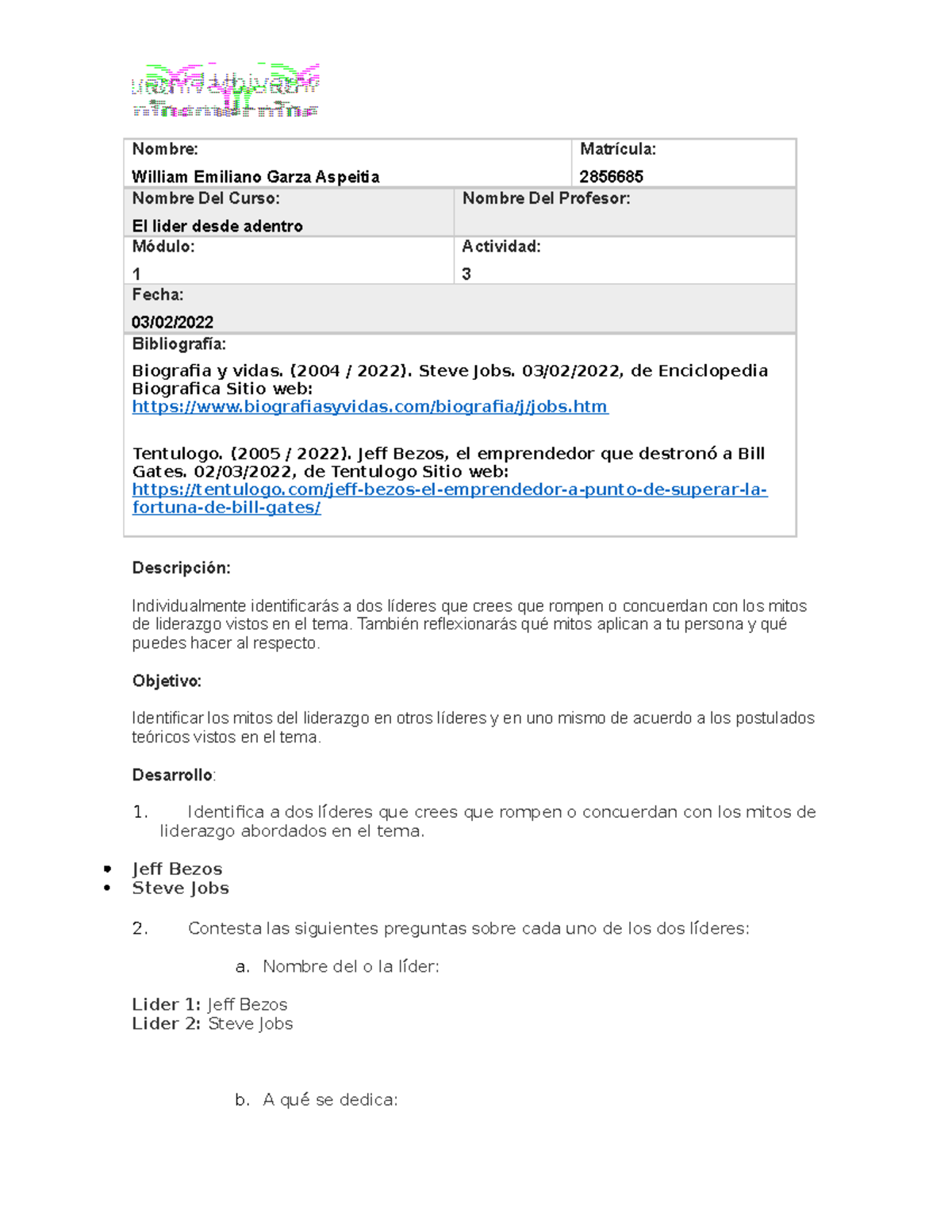 Actividad 3 EL Lider Desde Adentro - Nombre: William Emiliano Garza ...
