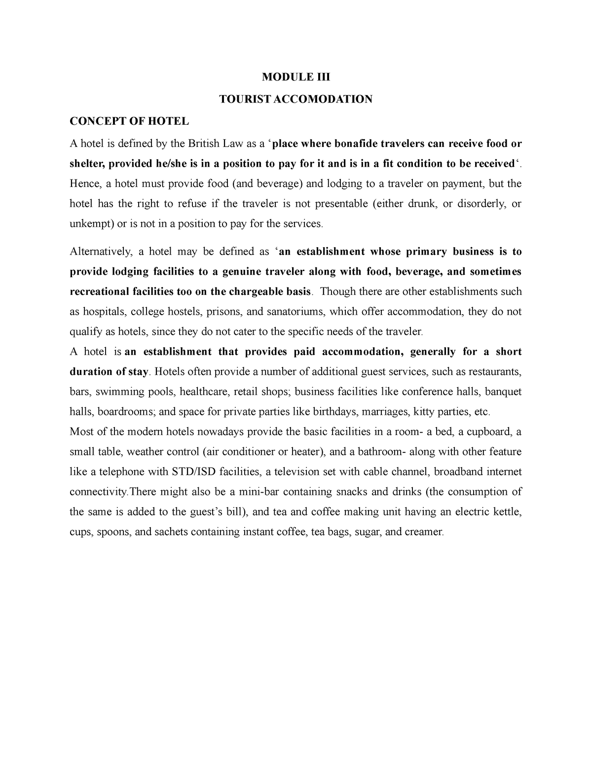 Module III - Tourism - MODULE III TOURIST ACCOMODATION CONCEPT OF HOTEL ...