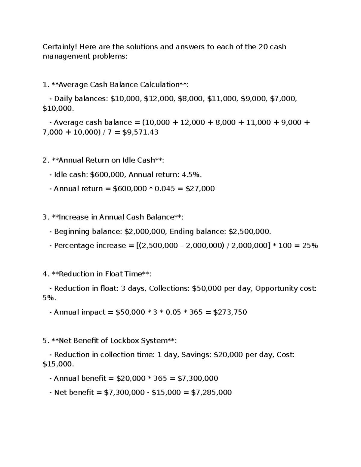 Cash Management - .... - Certainly! Here are the solutions and answers ...