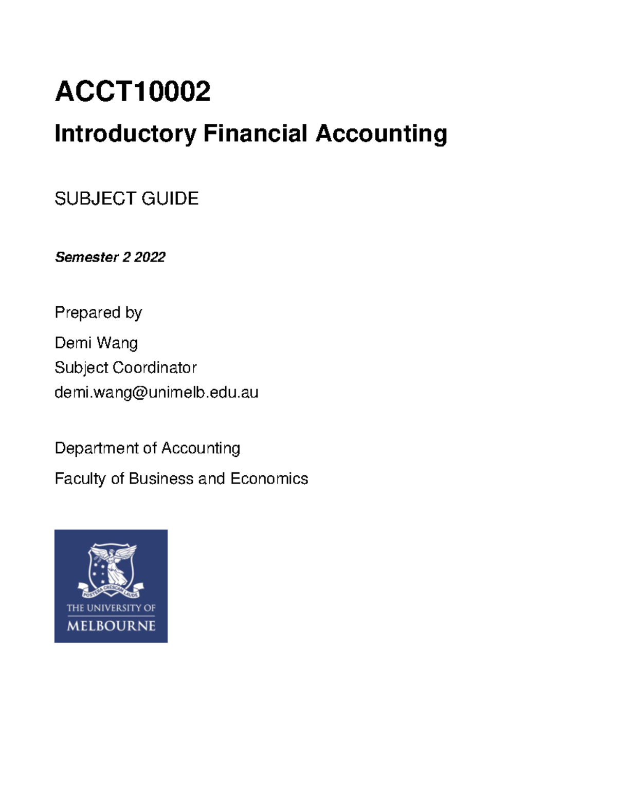 ACCT10002 Subject Guide Semester 2 2022 - ACCT Introductory Financial ...