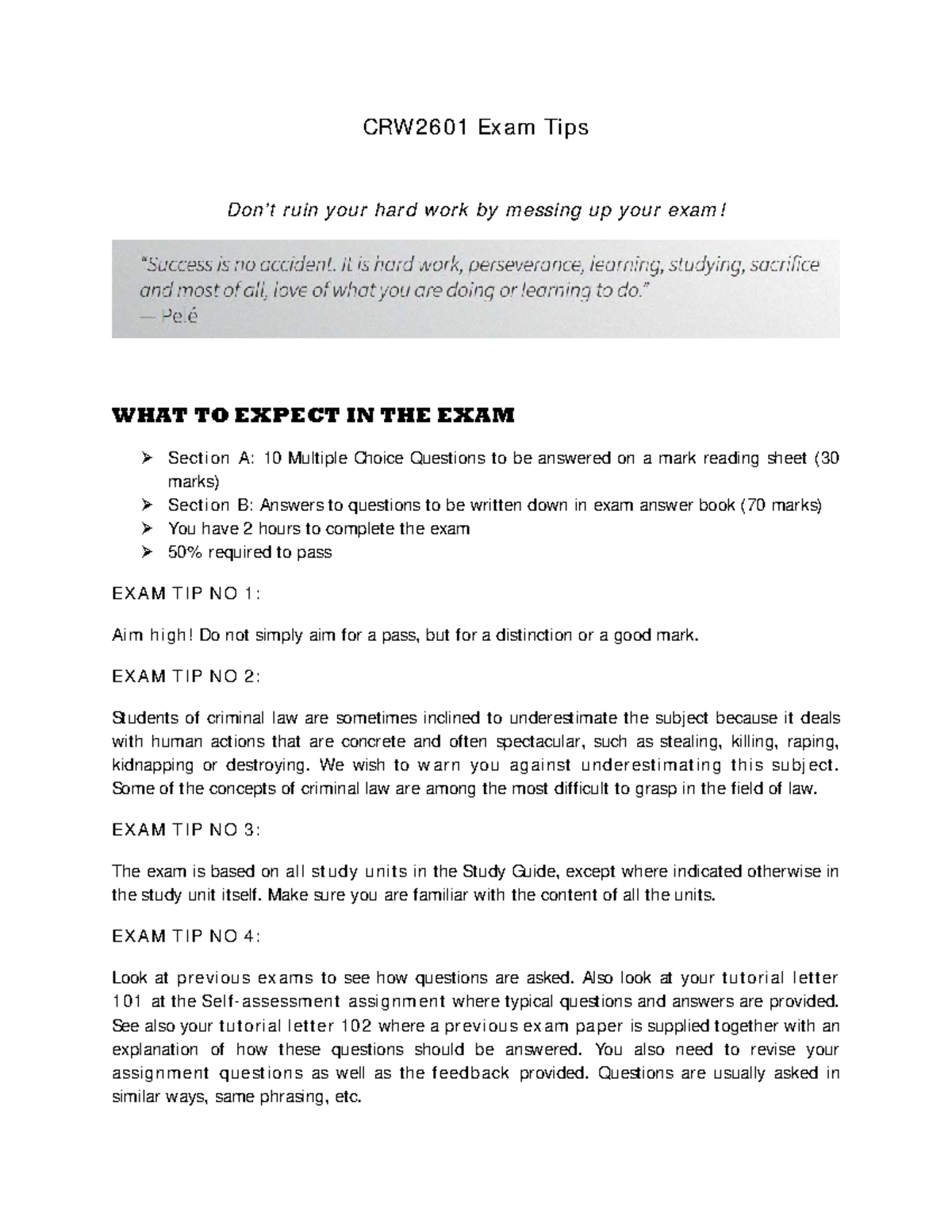 Mollema promised exam tips CRW2601 Exam Tips - crw2601 - Unisa - Studocu