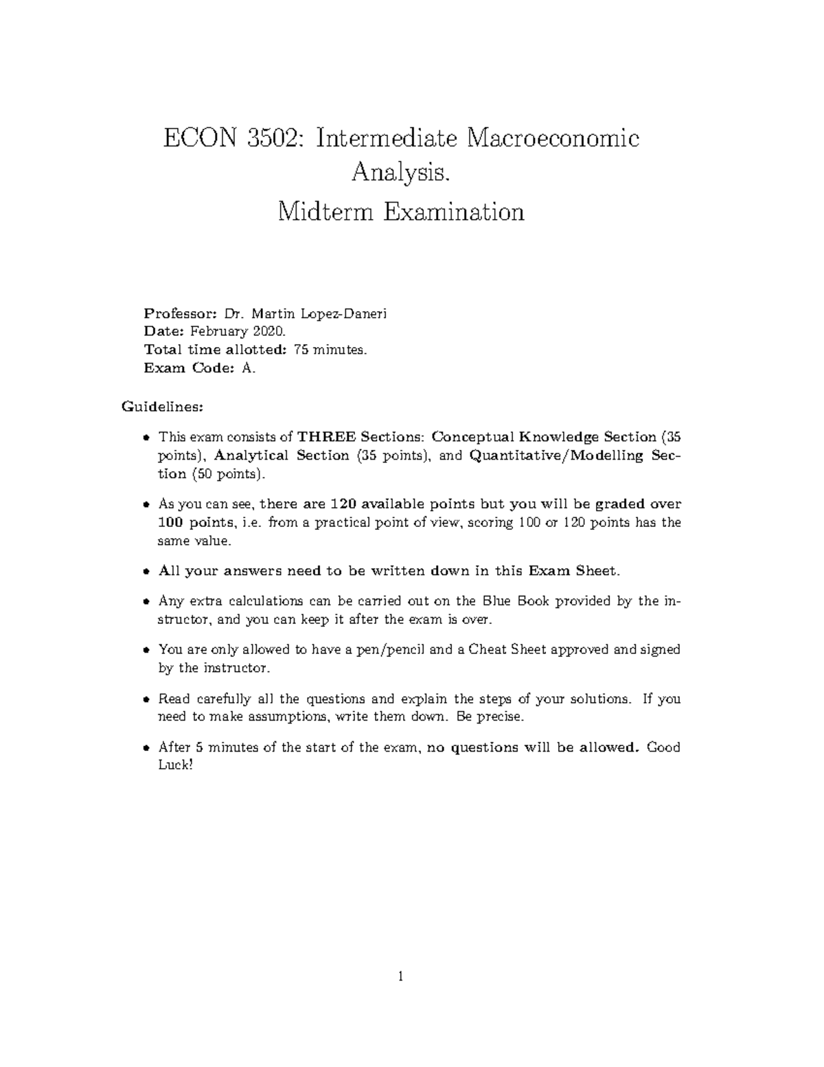 Midterm Exam-Spring 2020 - ECON 3502: Intermediate Macroeconomic ...