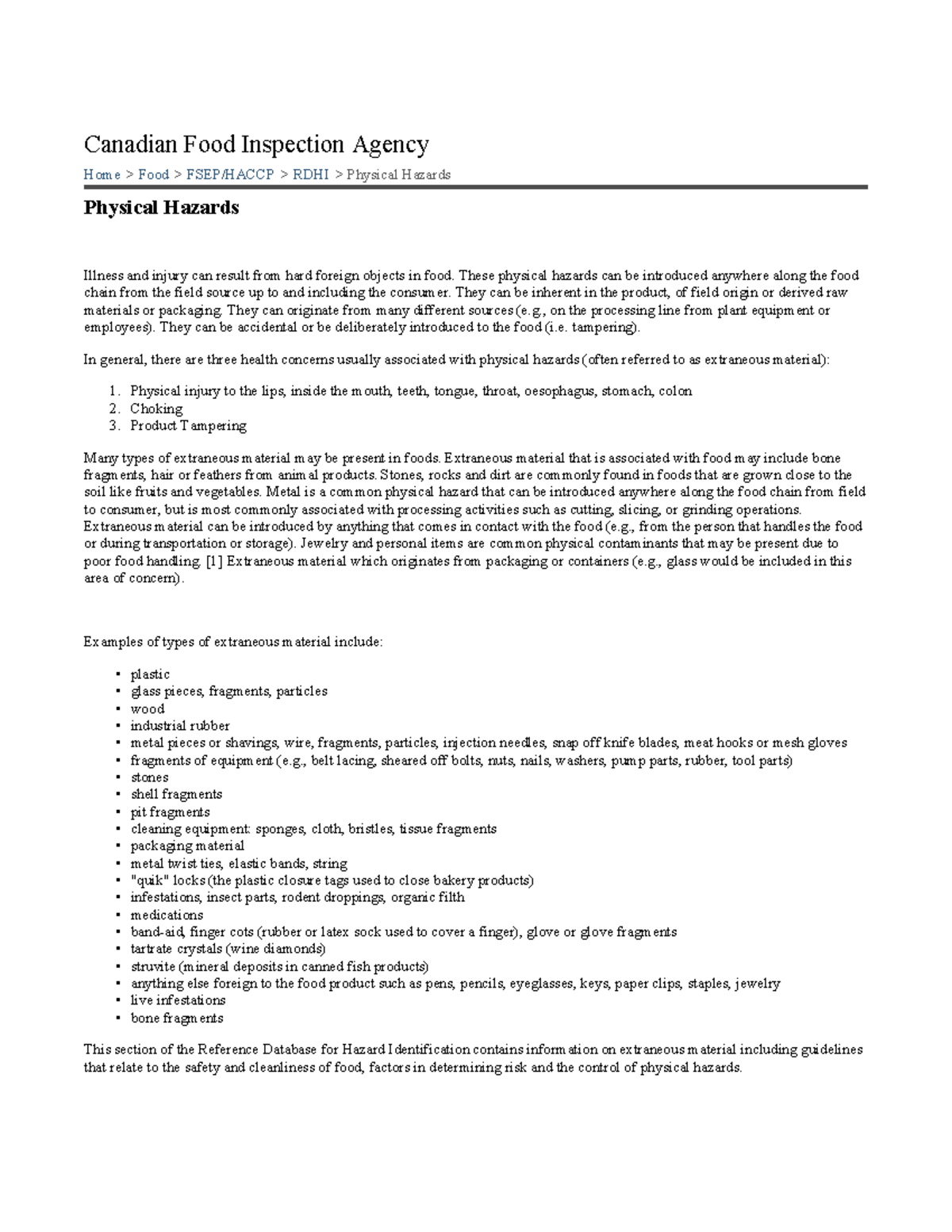 Peligros Fisicos Canadian FOOD Inspection Agency - Home > Food > FSEP ...