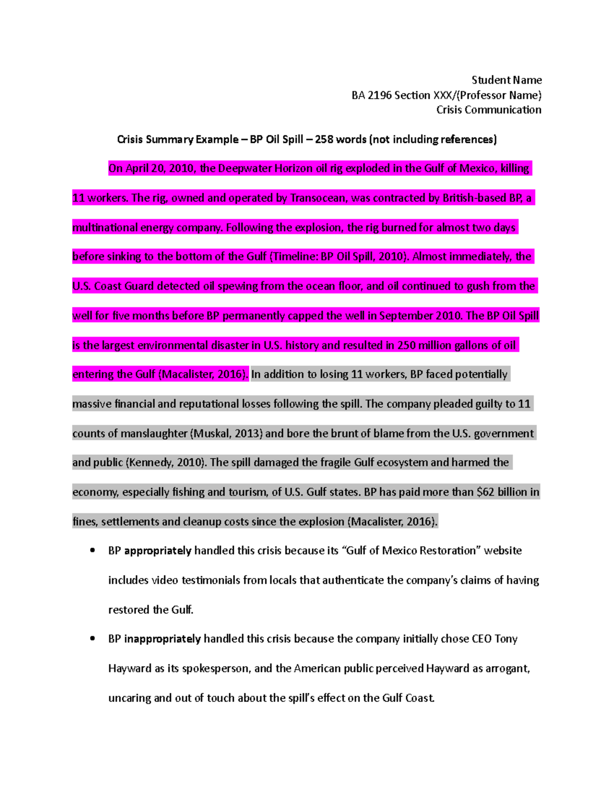 Crisis Paragraphs Examples BP - Student Name BA 2196 Section XXX ...