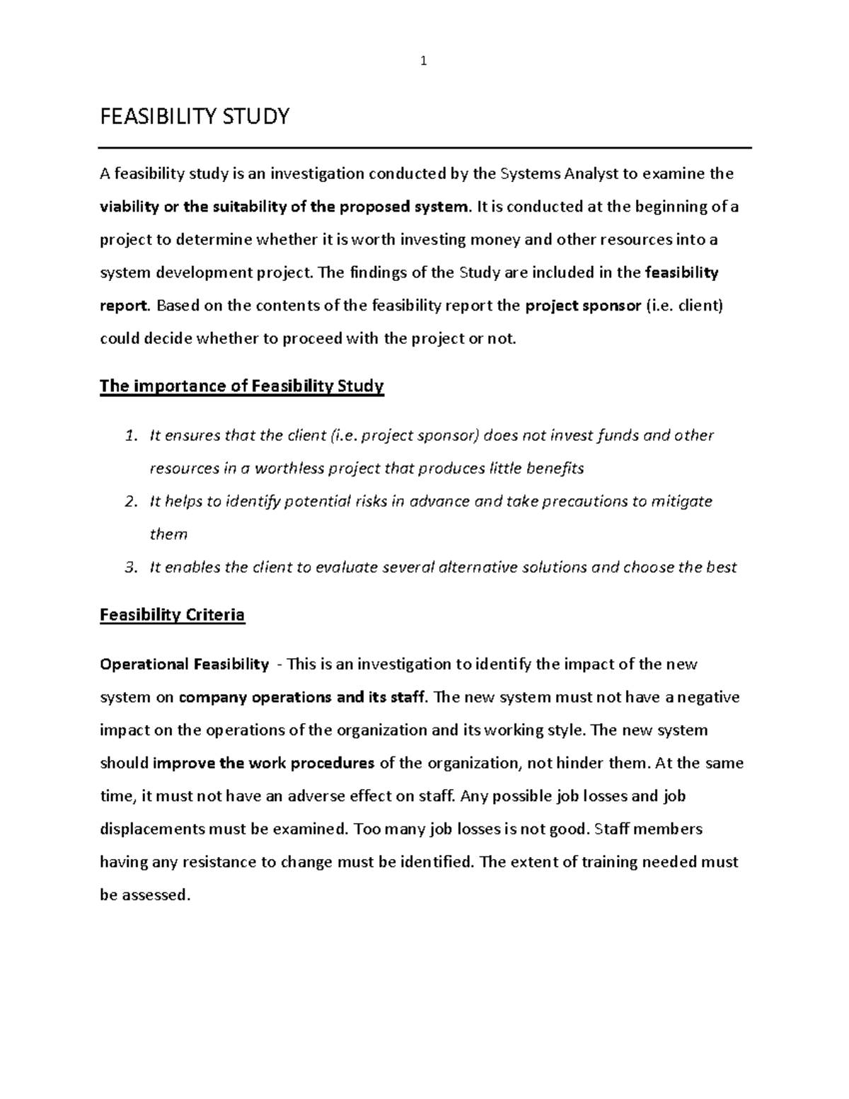 F E A S I B I L I T Y S T U D Y - Summary Software Engineering ...