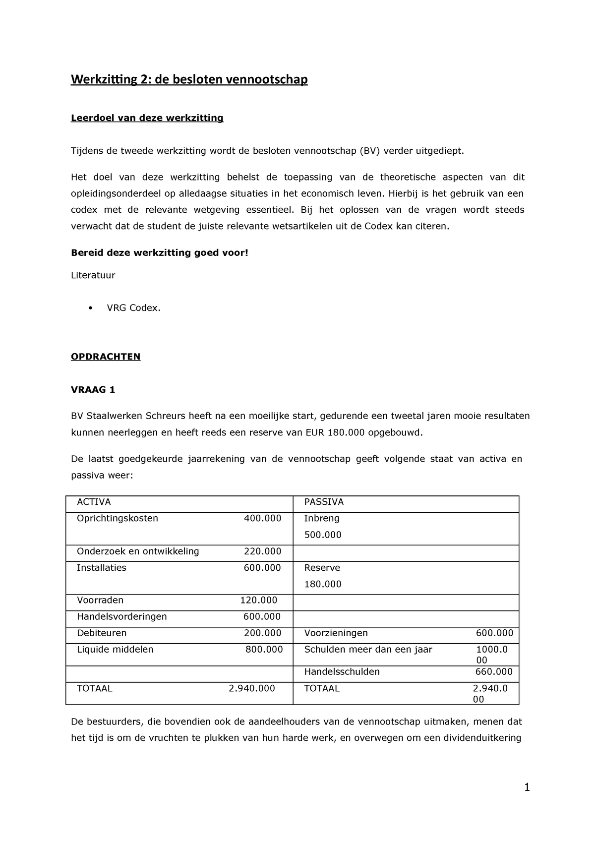 WZ2 - Oplossing WZ2 - Werkzitting 2: De Besloten Vennootschap Leerdoel ...