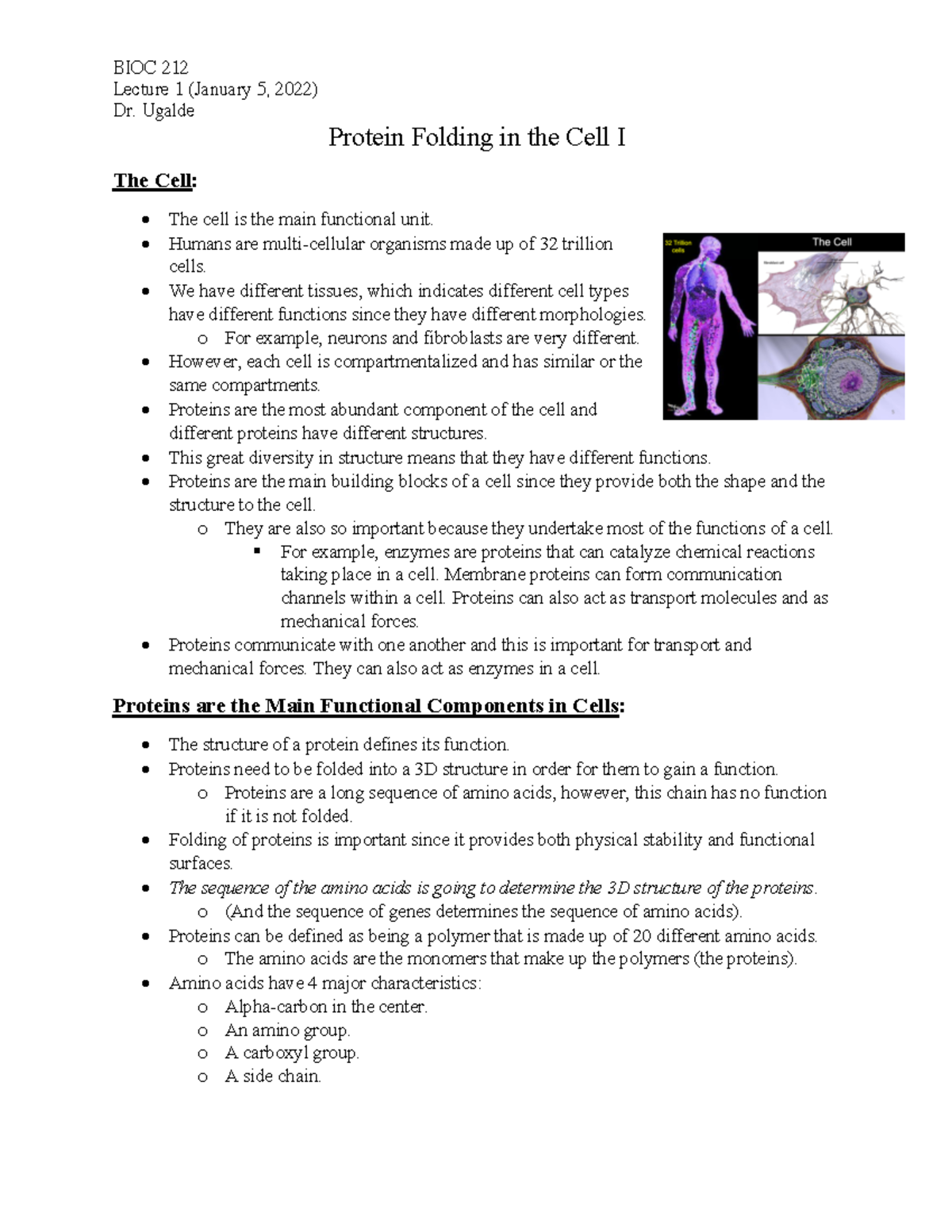 Lecture 1 (January 5th) Protein Folding in the Cell I Lecture 1