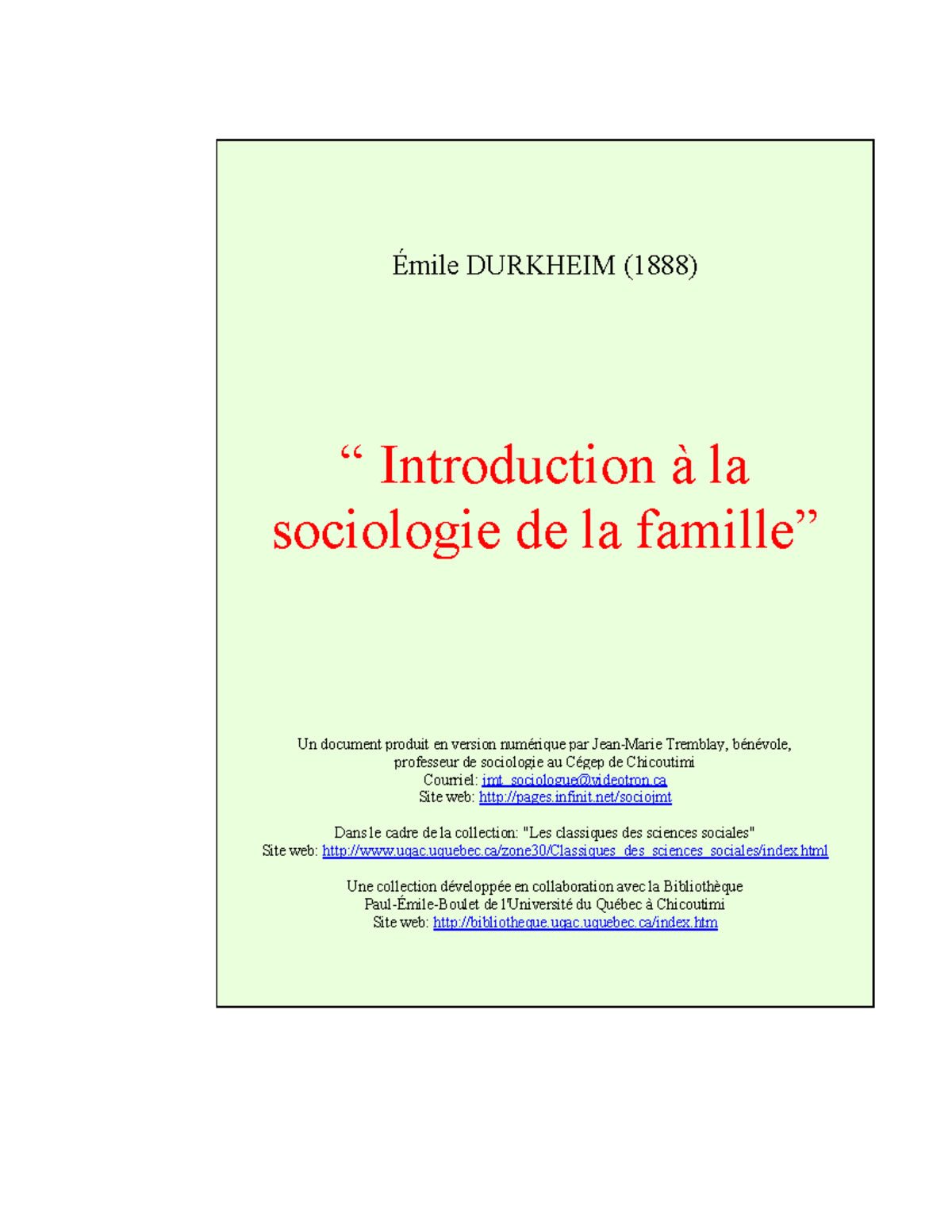 Durkheim - Introduction A La Sociologie De La Famille - Émile DURKHEIM ...