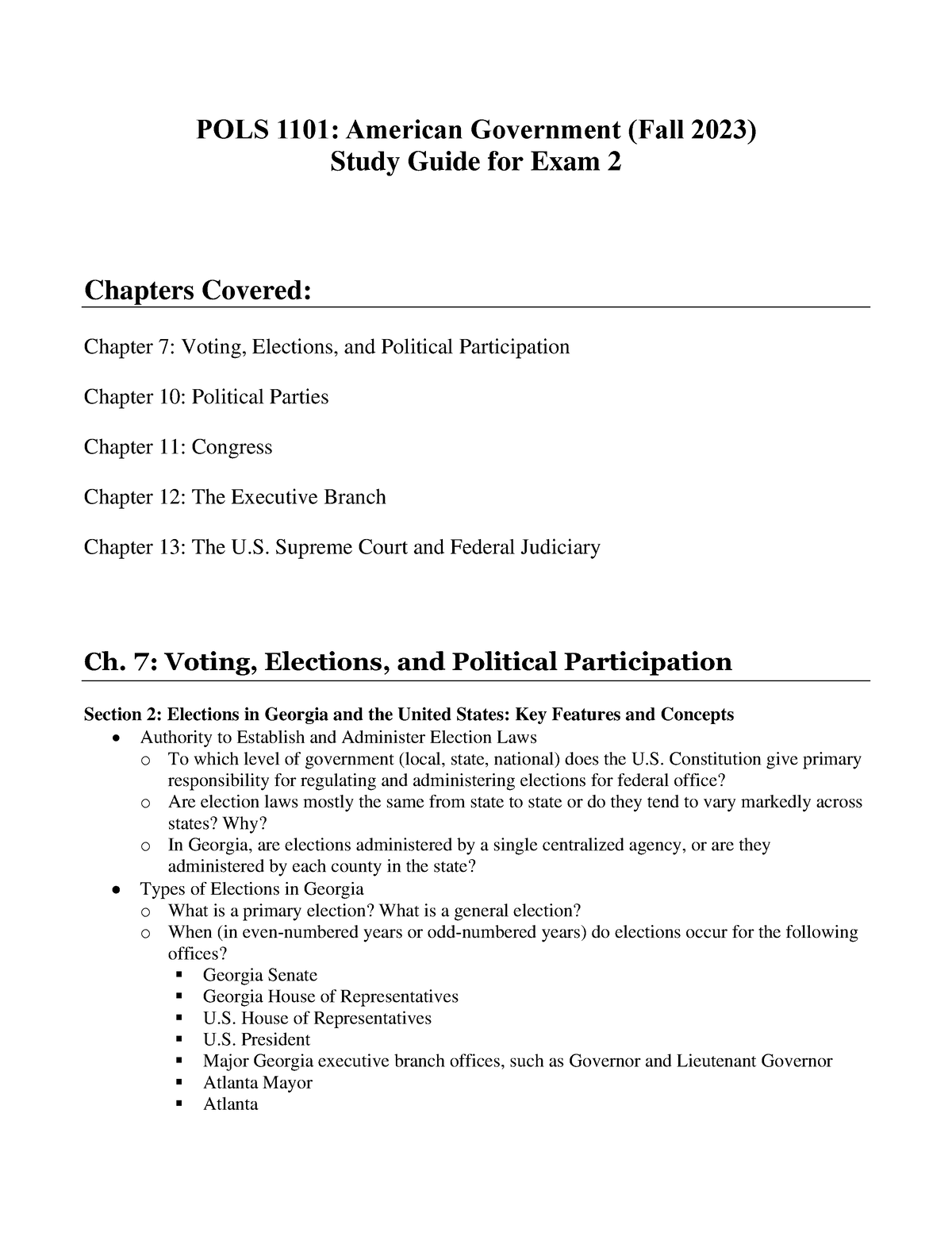 Exam 2 Study Guide - POLS 1101: American Government (Fall 2023) Study ...