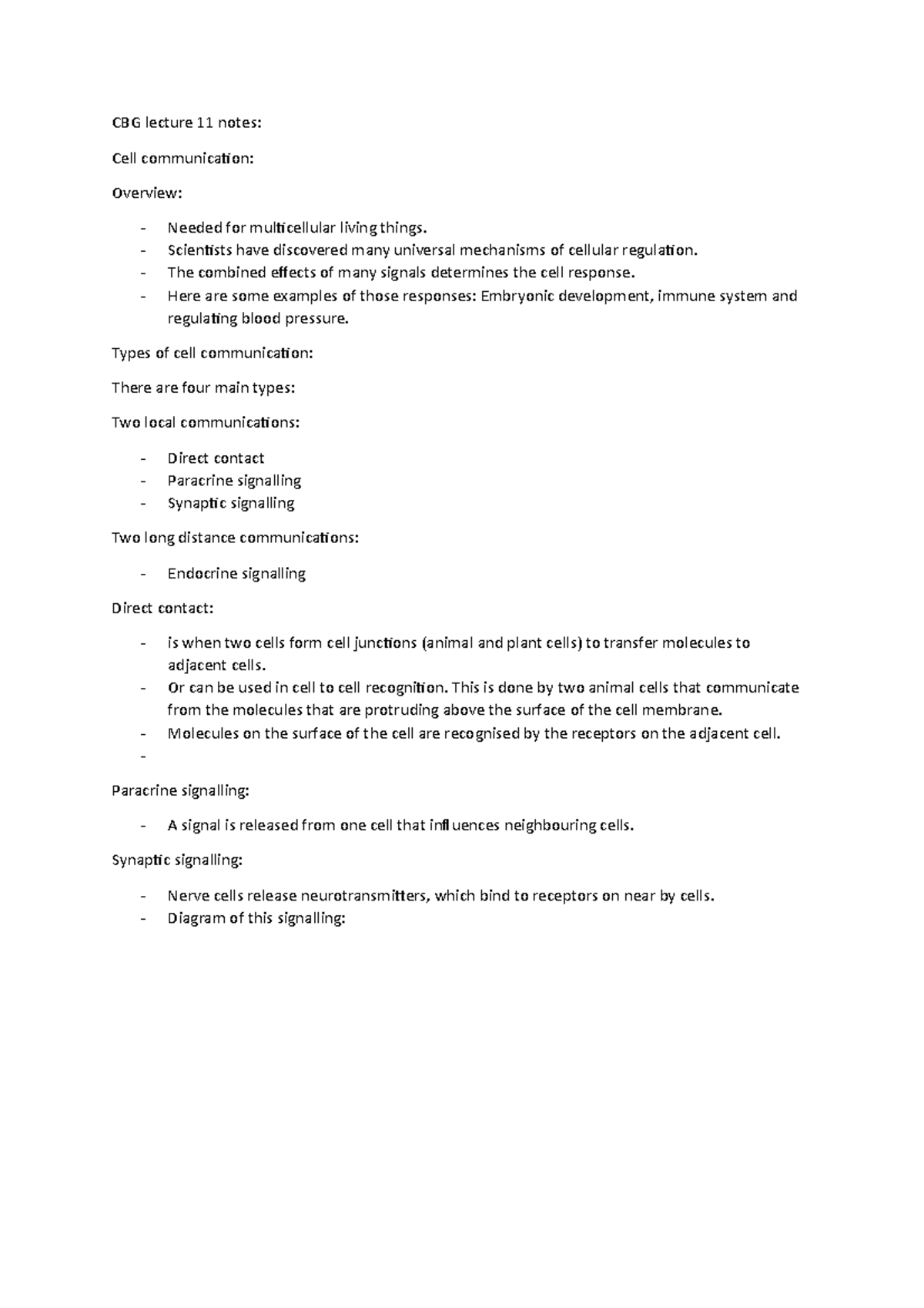 CBG lecture 11 notes - CBG lecture 11 notes: Cell communication ...