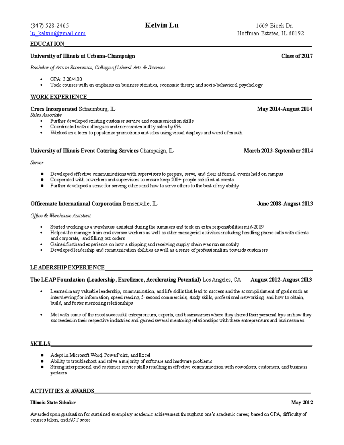 Resume Chronological final - (847) 528-2465 lu_kelvin@ymail Kelvin Lu ...