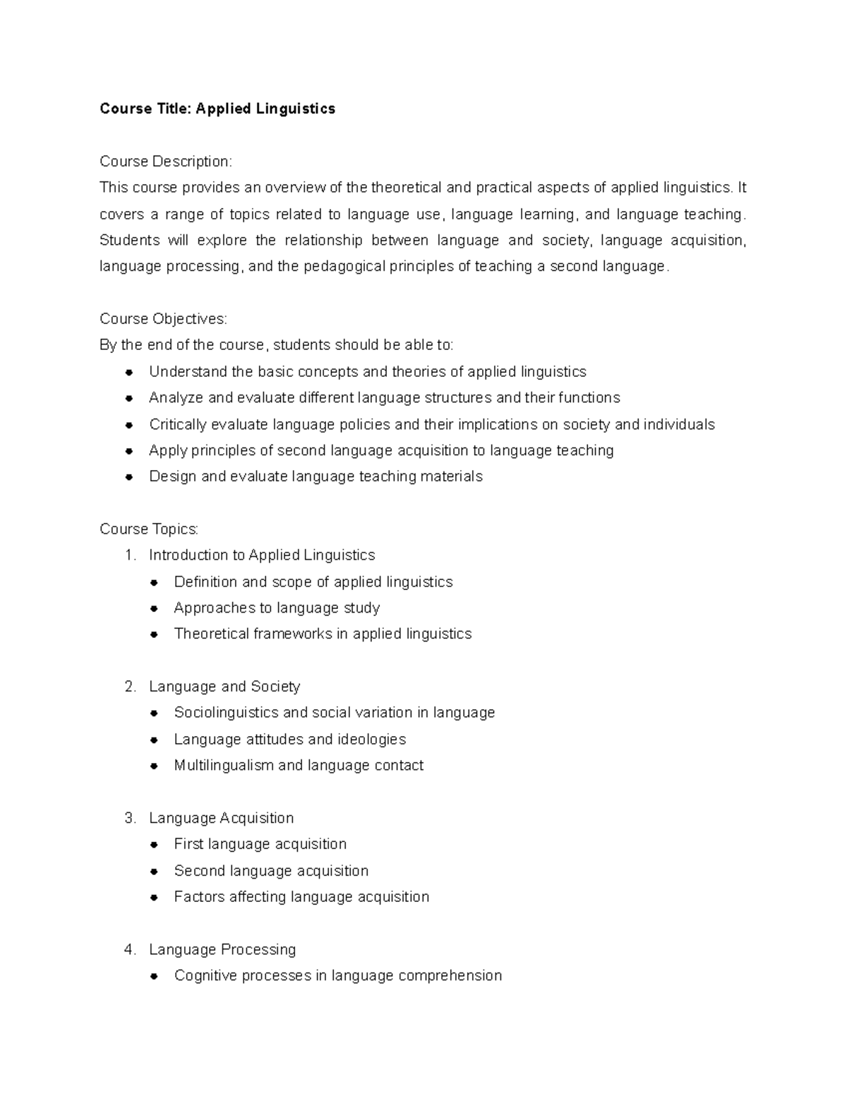 Applied Linguistics (Class Syllabus) - Course Title: Applied ...