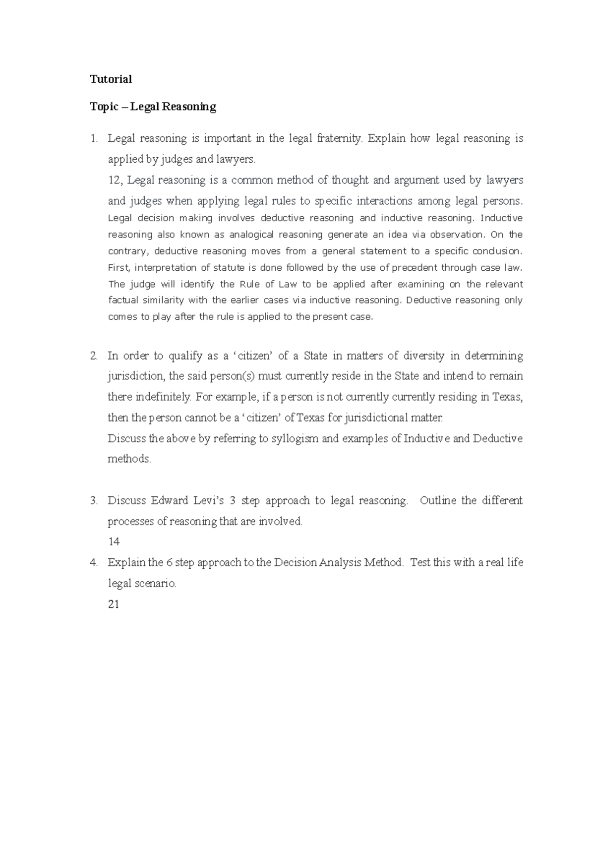 Legal method tutorial 2 - Tutorial Topic – Legal Reasoning Legal ...