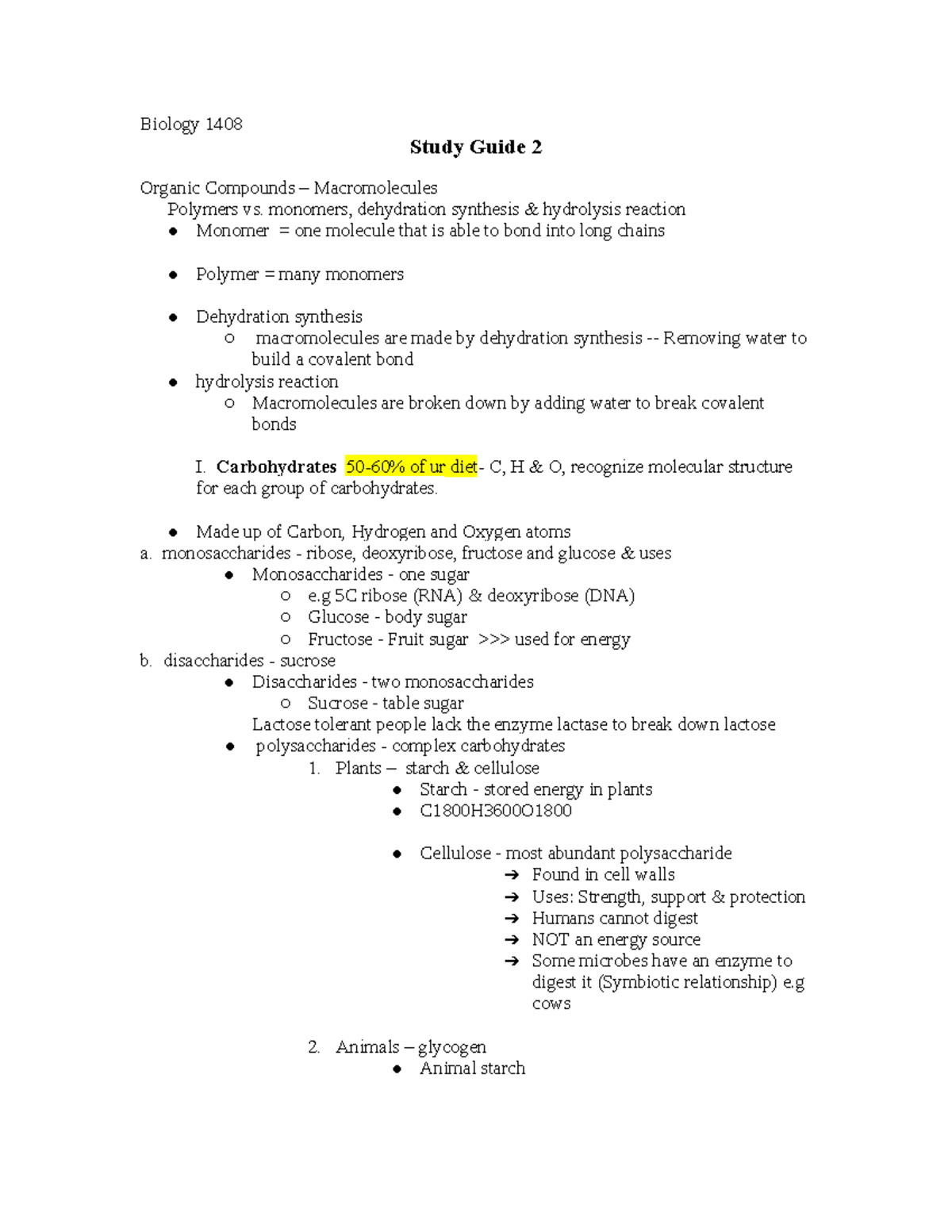 Bio Study Guide 2 - Biology 1408 Study Guide 2 Organic Compounds ...