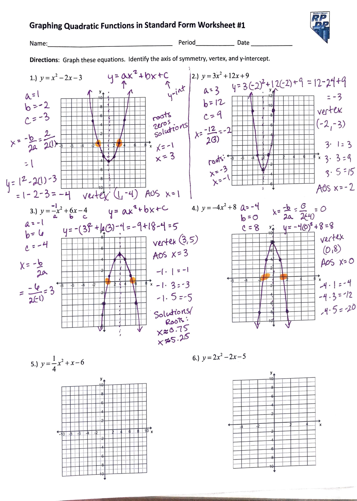 Graphing qudratic function in standard form ws 1 - Graph i ng Quadratic ...