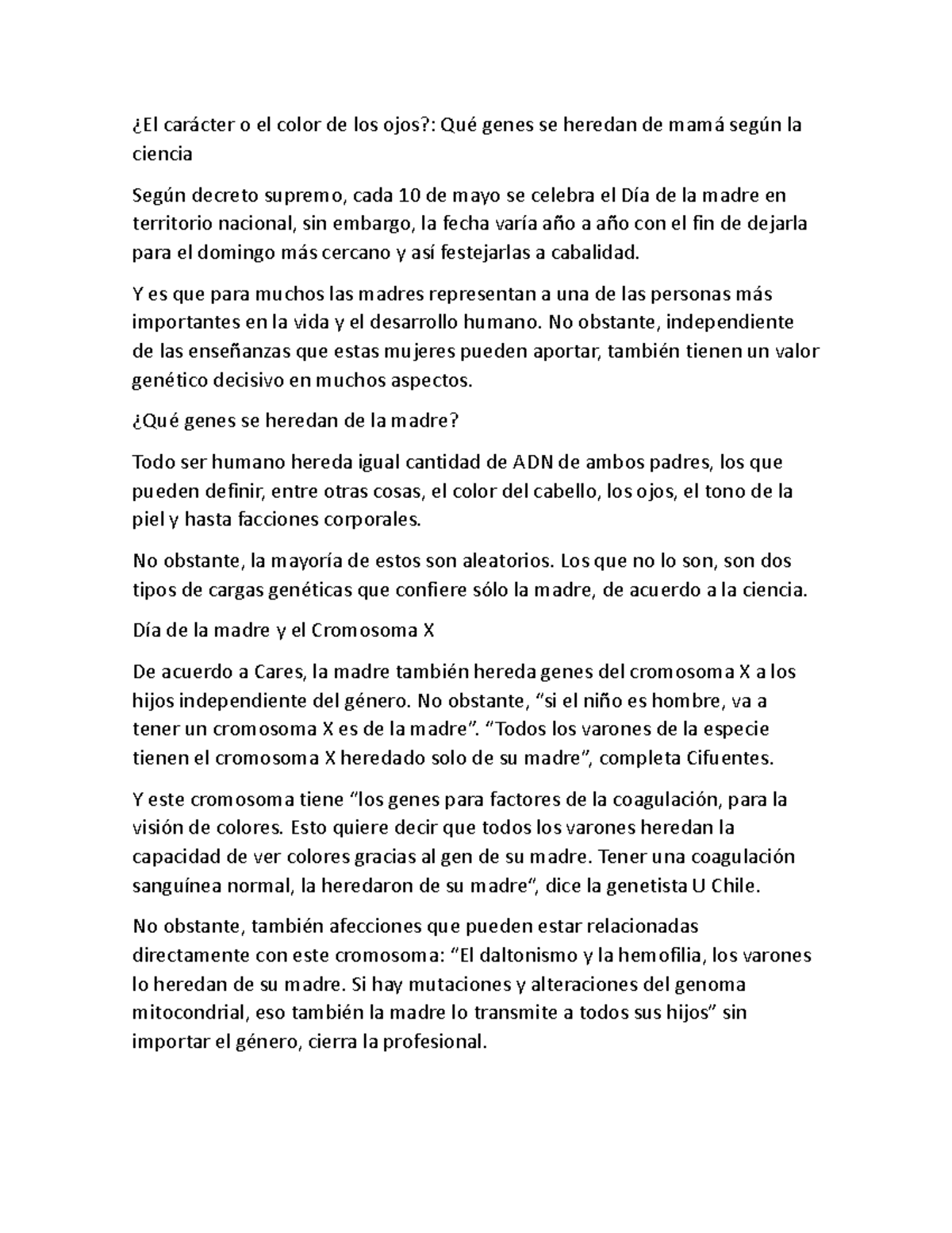Textos de ejercicios ¿El carácter o el color de los ojos? Qué genes