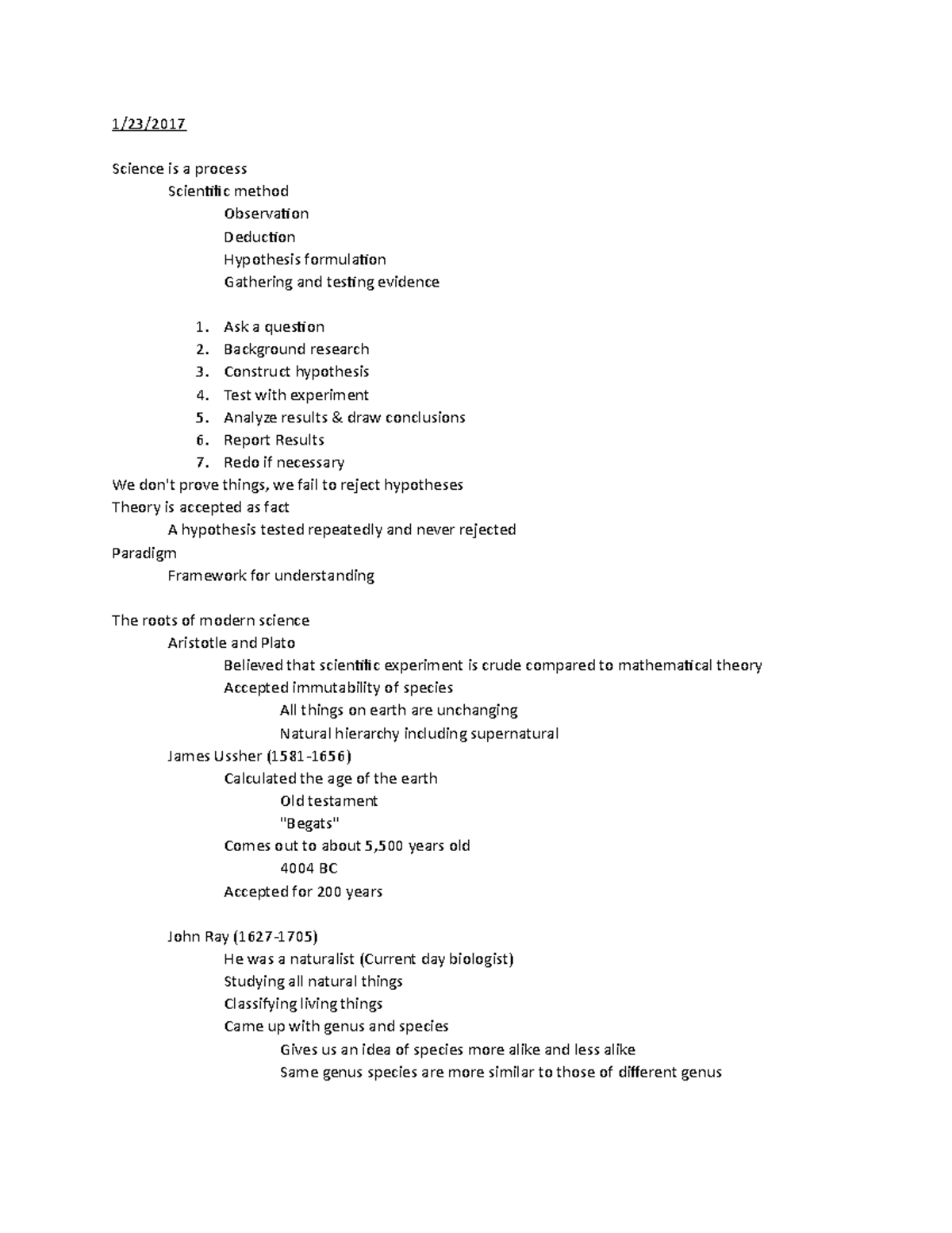 ANT 1010 - Notes - Science is a process Scientific method Observation ...